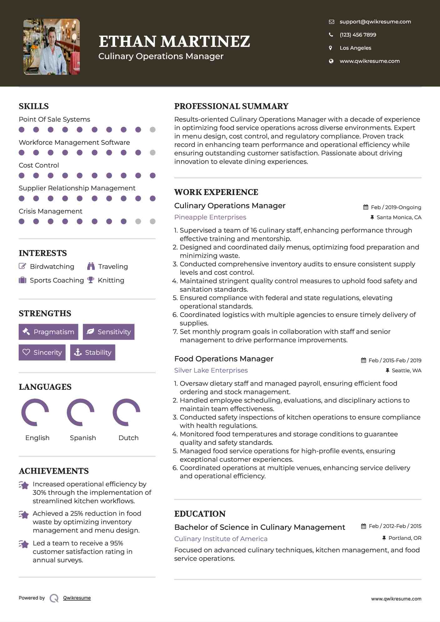 Culinary Operations Manager Resume Format