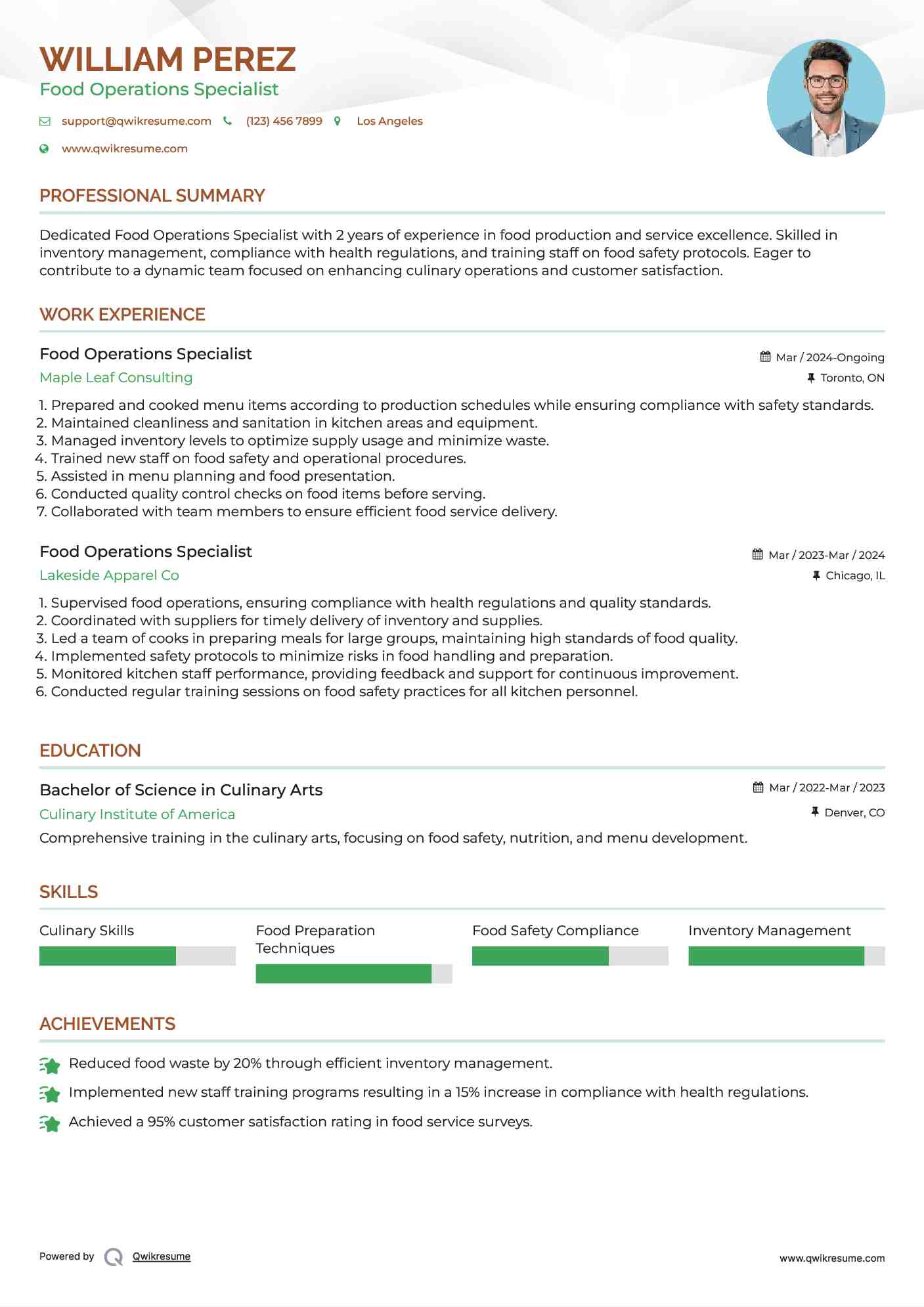 Food Operations Specialist Resume Example
