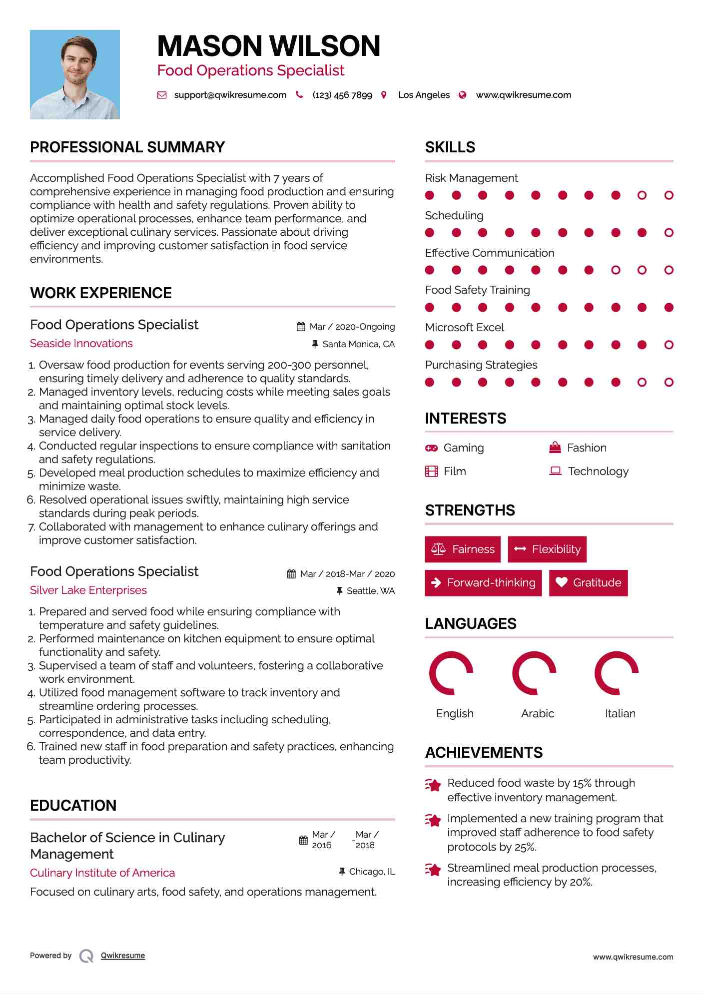 Food Operations Specialist Resume Example