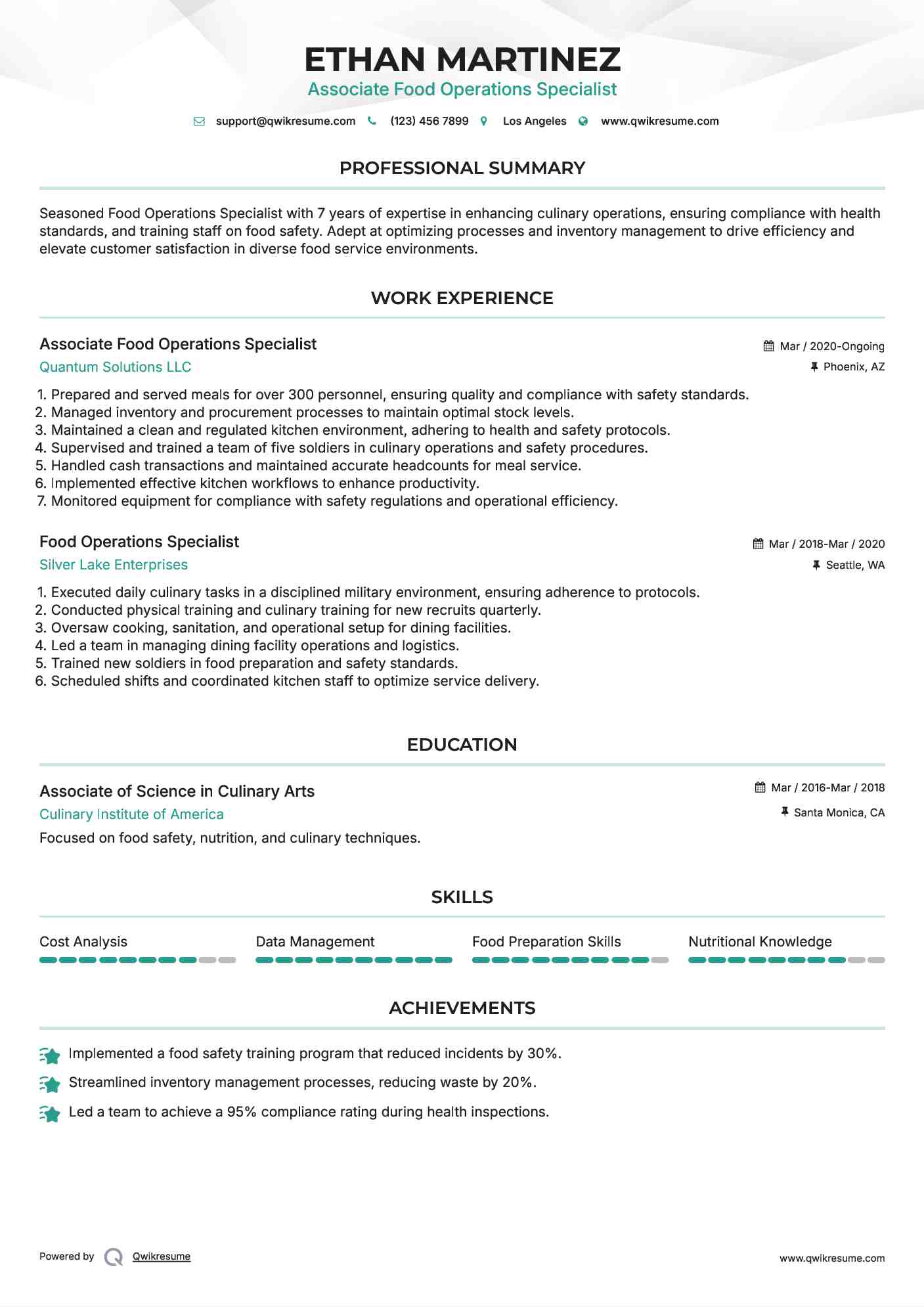 Associate Food Operations Specialist Resume Sample