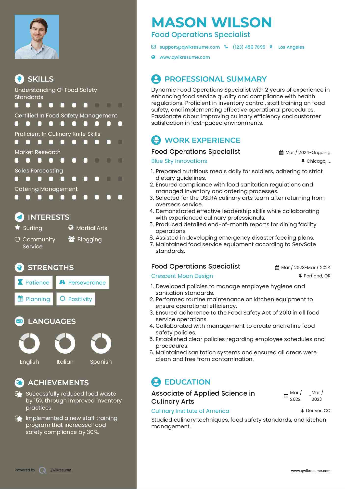 Food Operations Specialist Resume Model