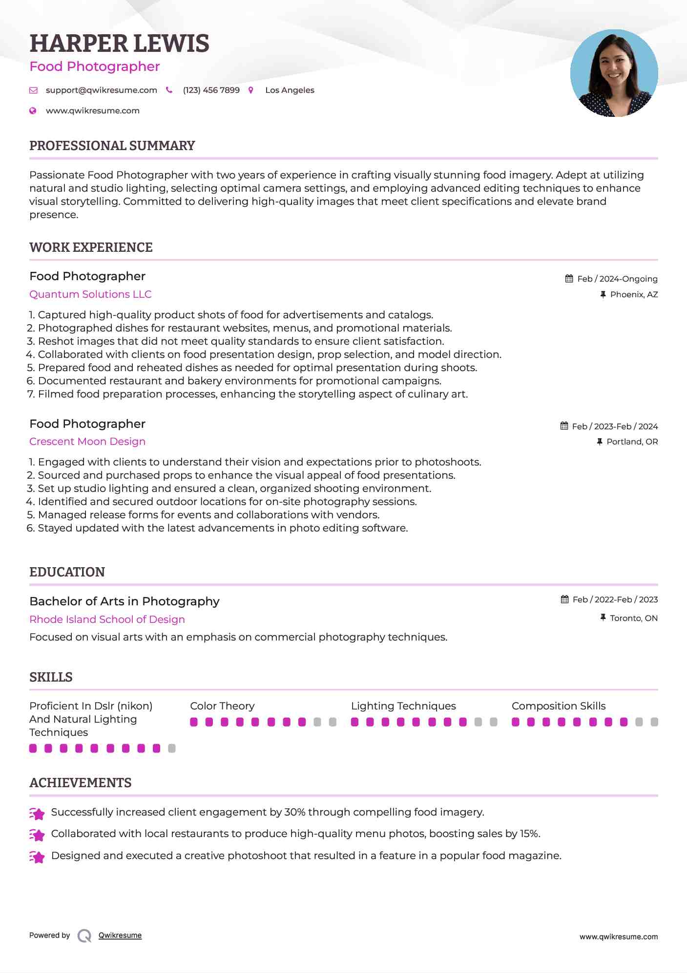 Food Photographer Resume Example