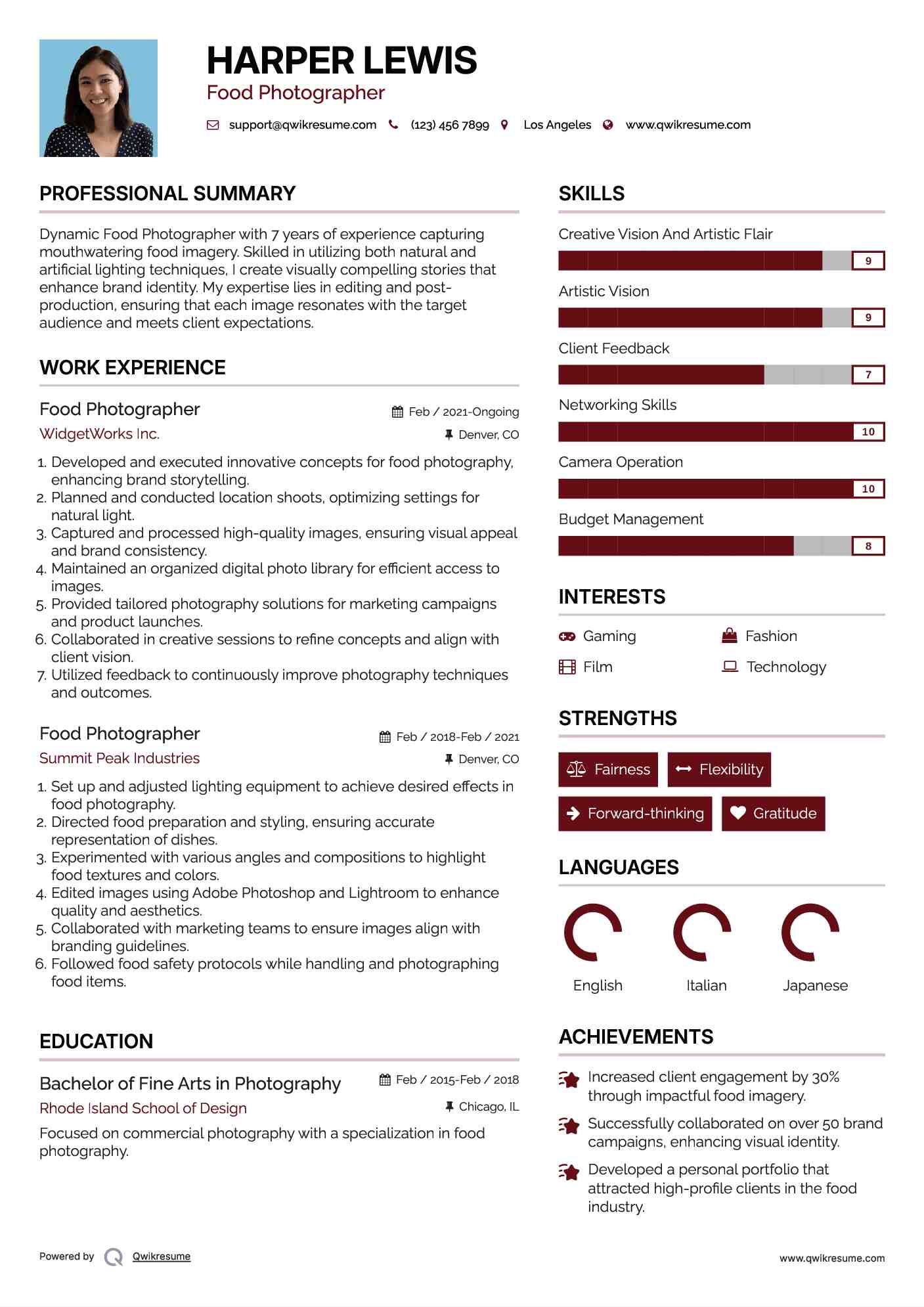 Food Photographer Resume Example