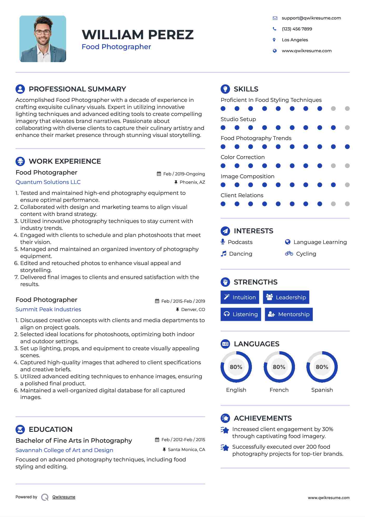 Food Photographer Resume Example