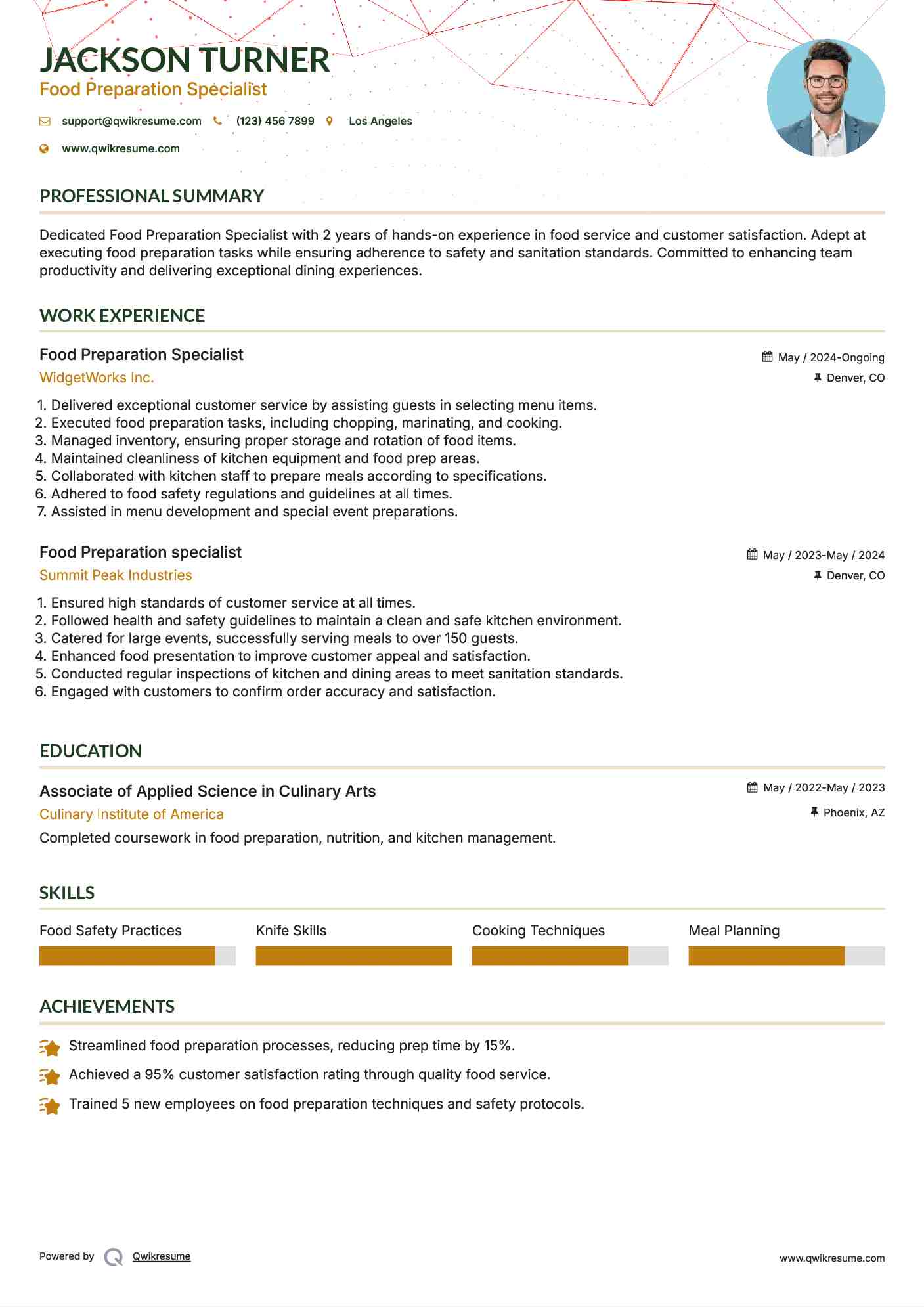 Food Preparation Specialist Resume Example