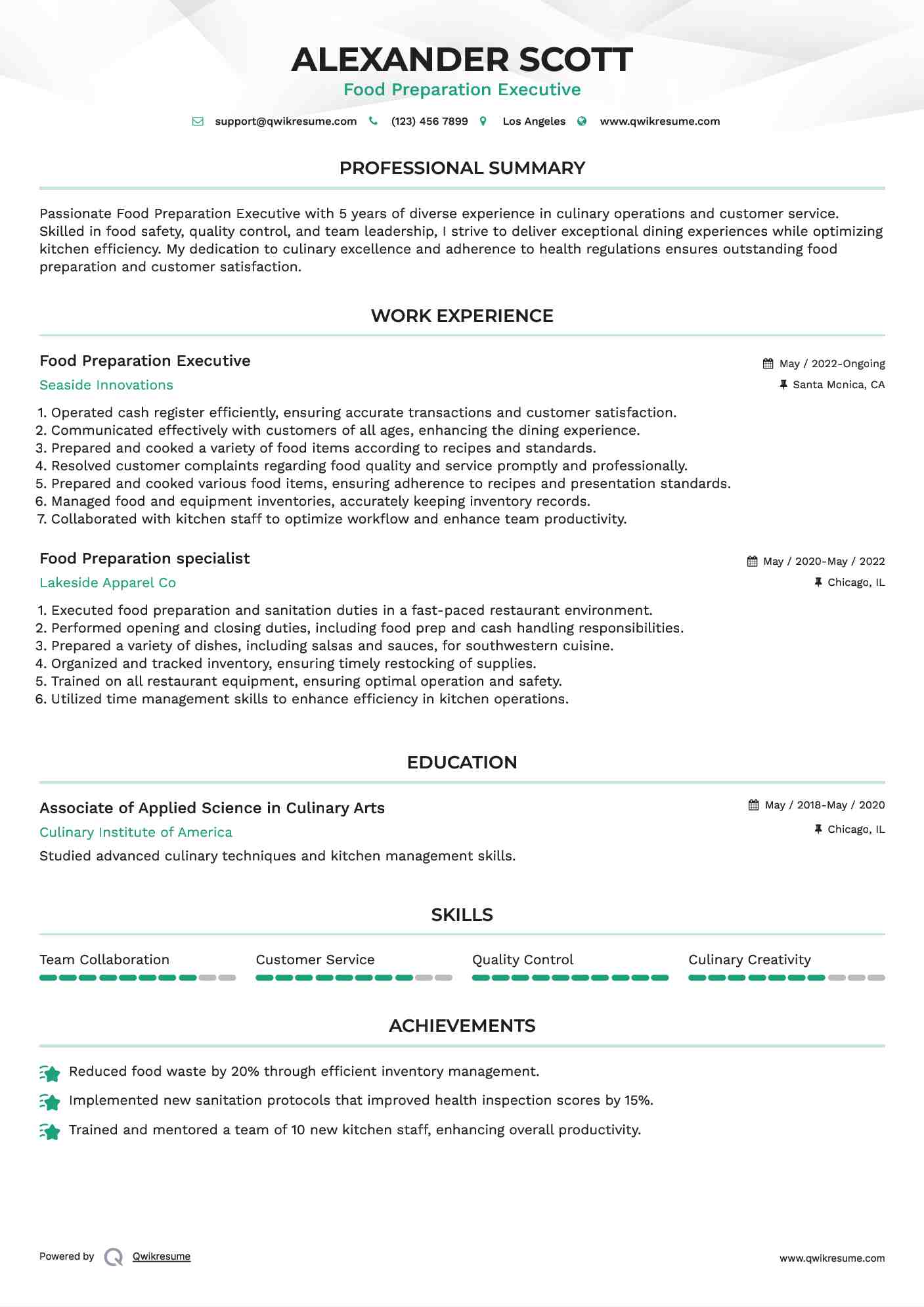Food Preparation Executive Resume Format
