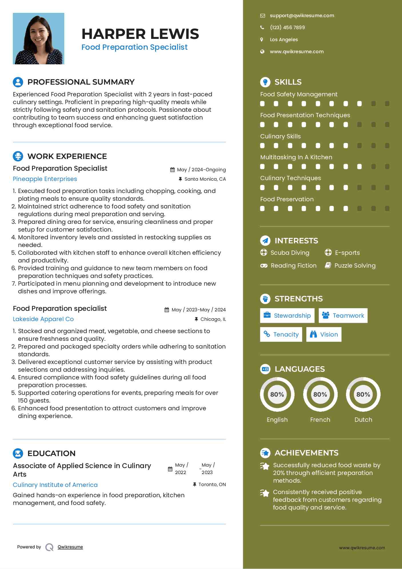 Food Preparation Specialist Resume Model
