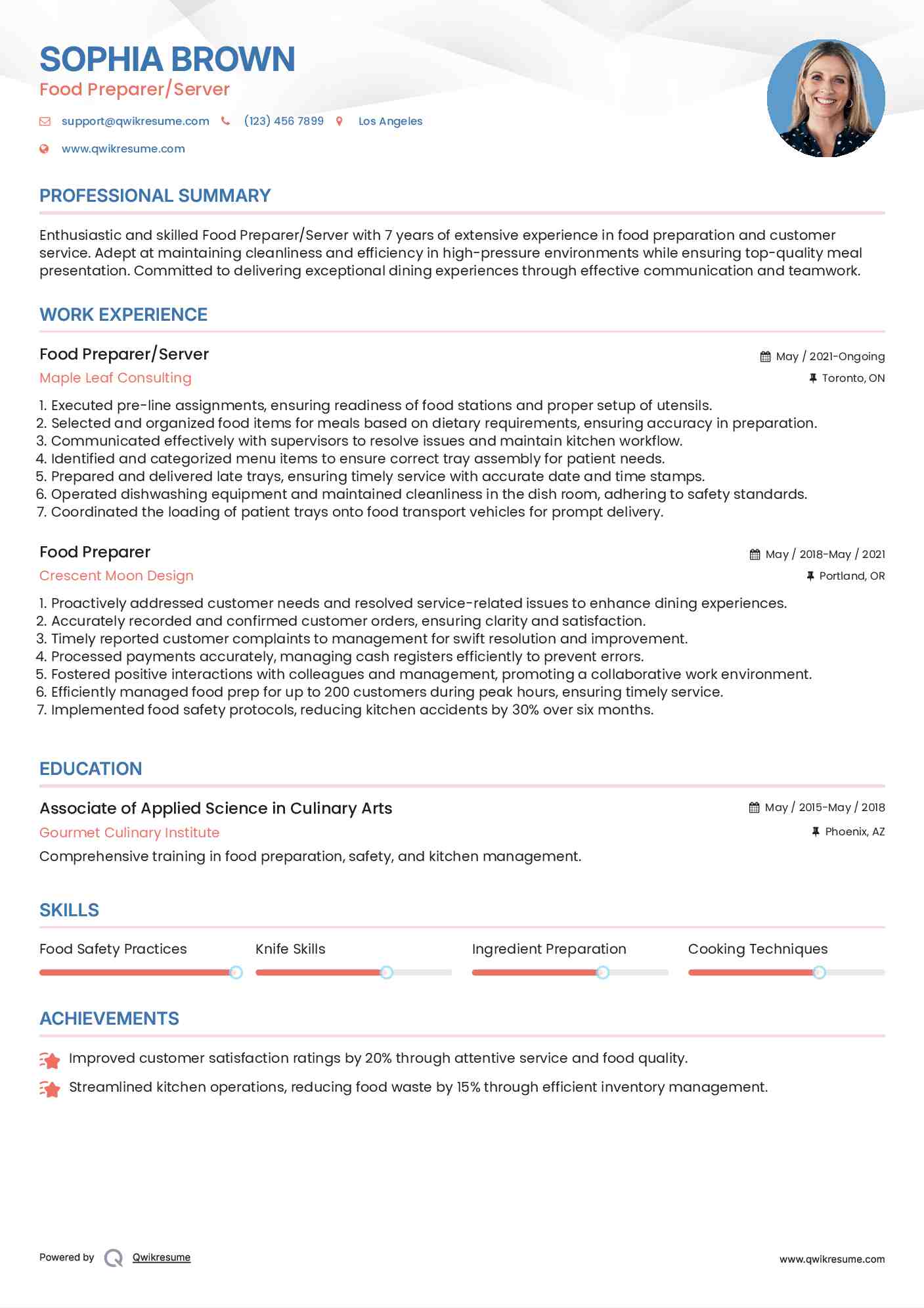 Food Preparer/Server Resume Format