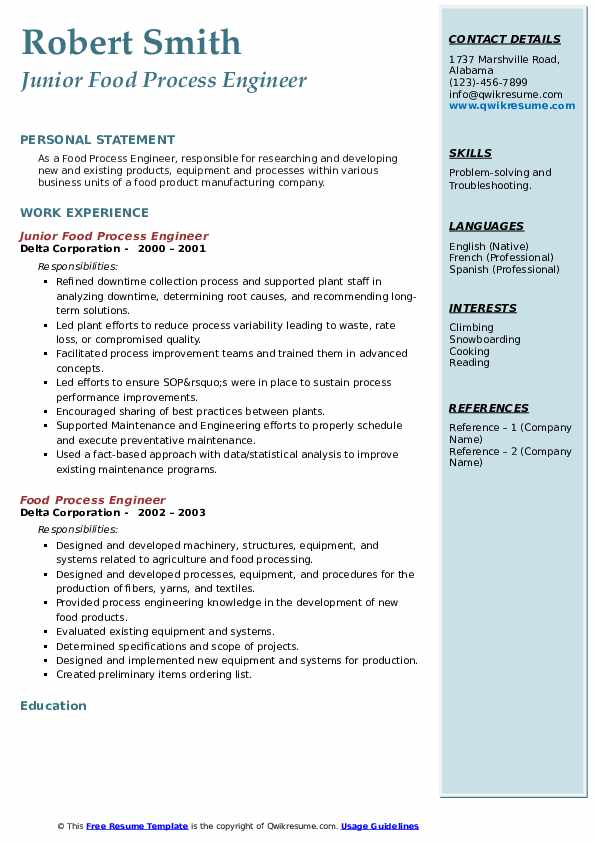 Food Process Engineer Resume Samples QwikResume