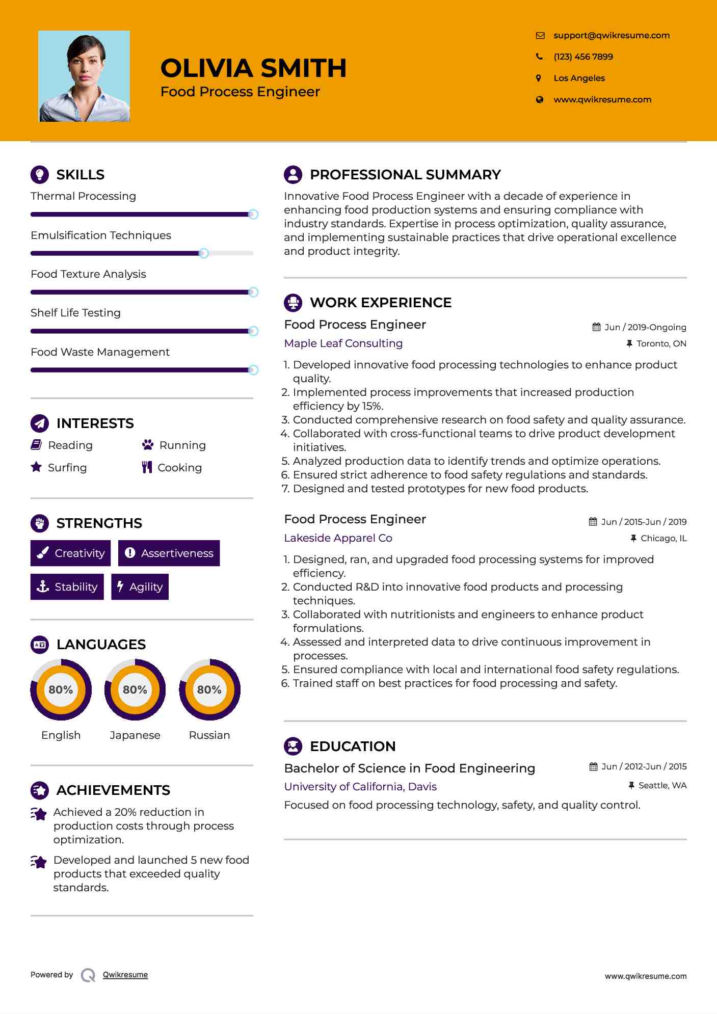 Food Process Engineer Resume Example