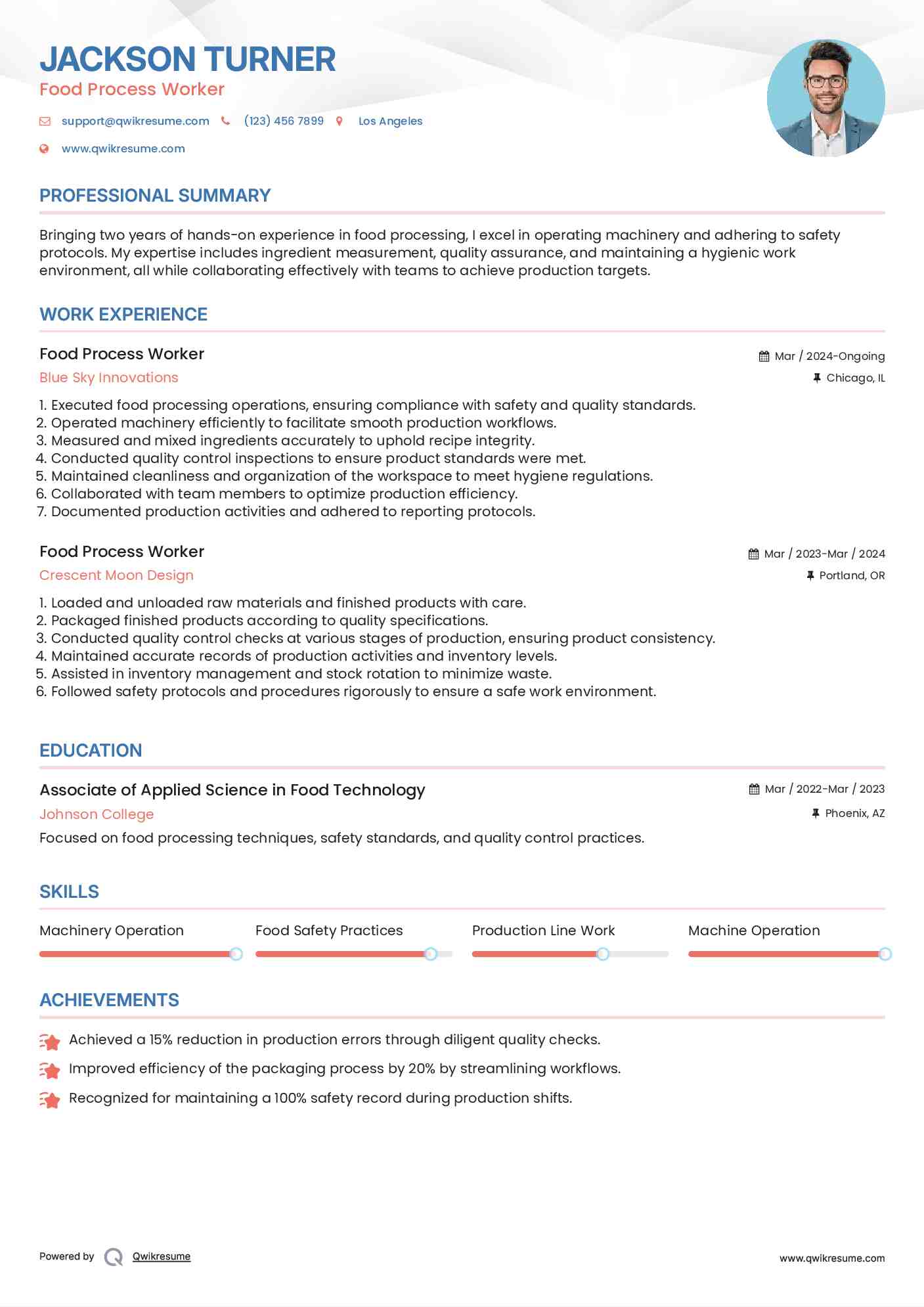 Food Process Worker Resume Sample