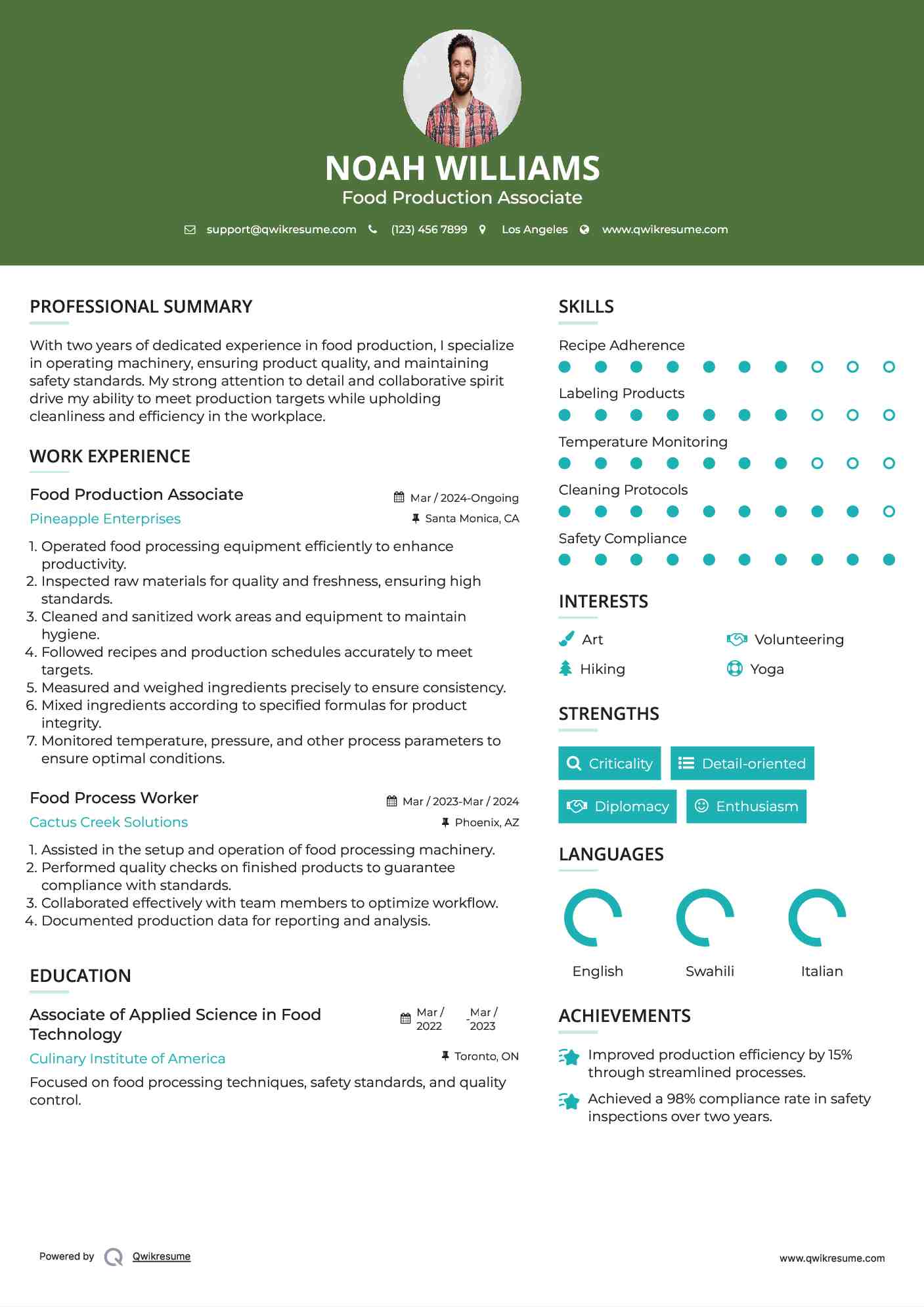 Food Production Associate Resume Template