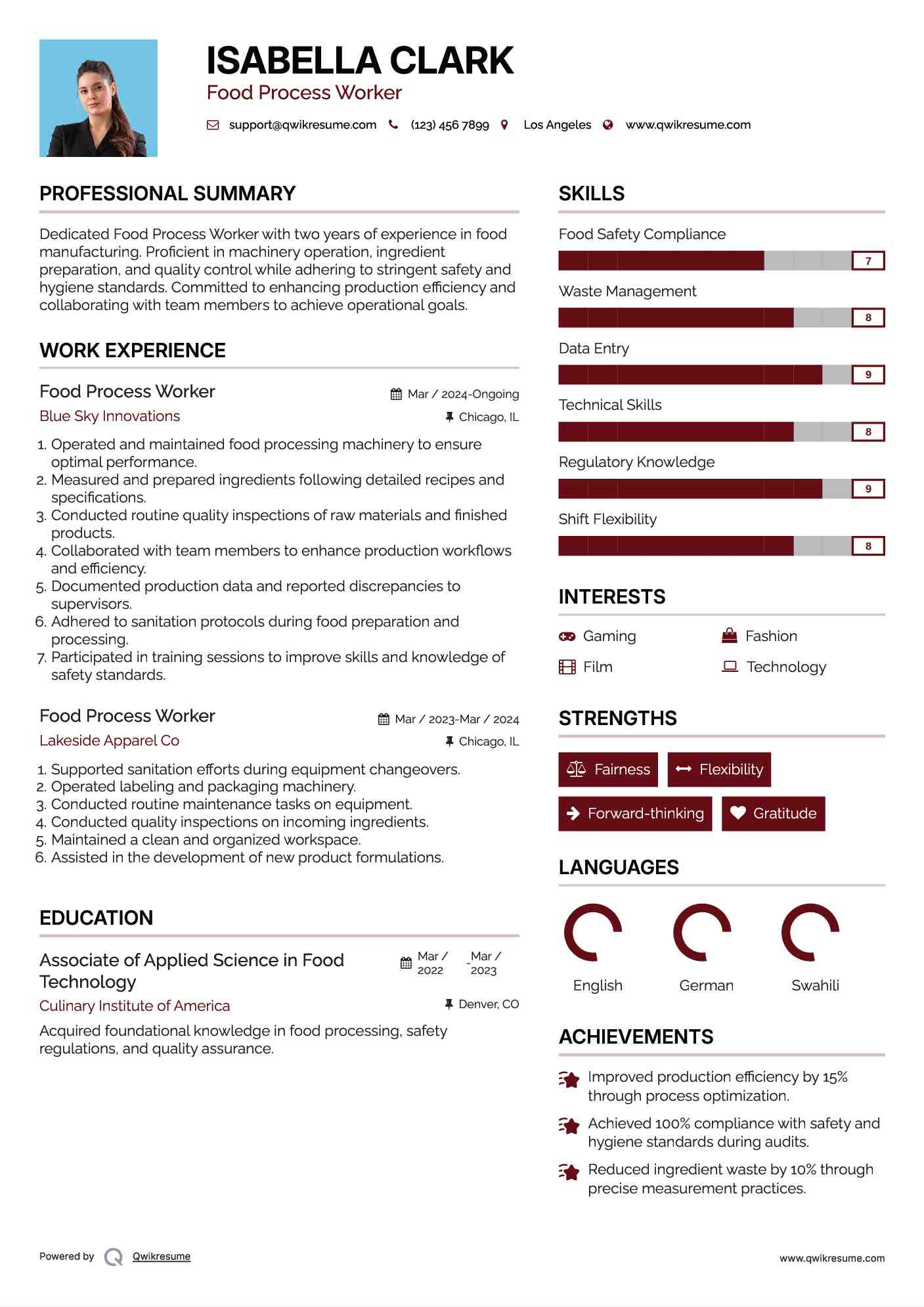 Food Process Worker Resume Example
