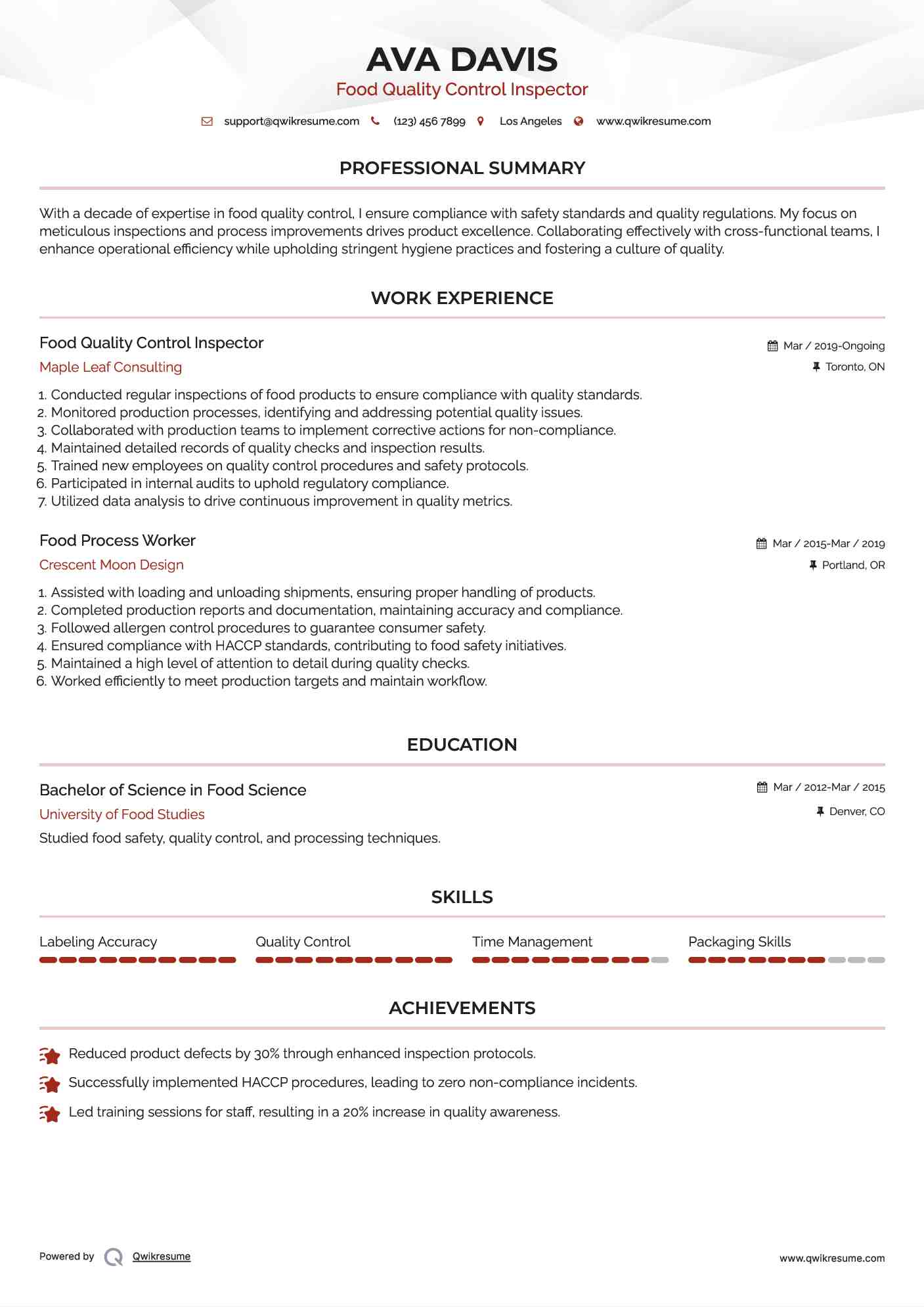 Food Quality Control Inspector Resume Example