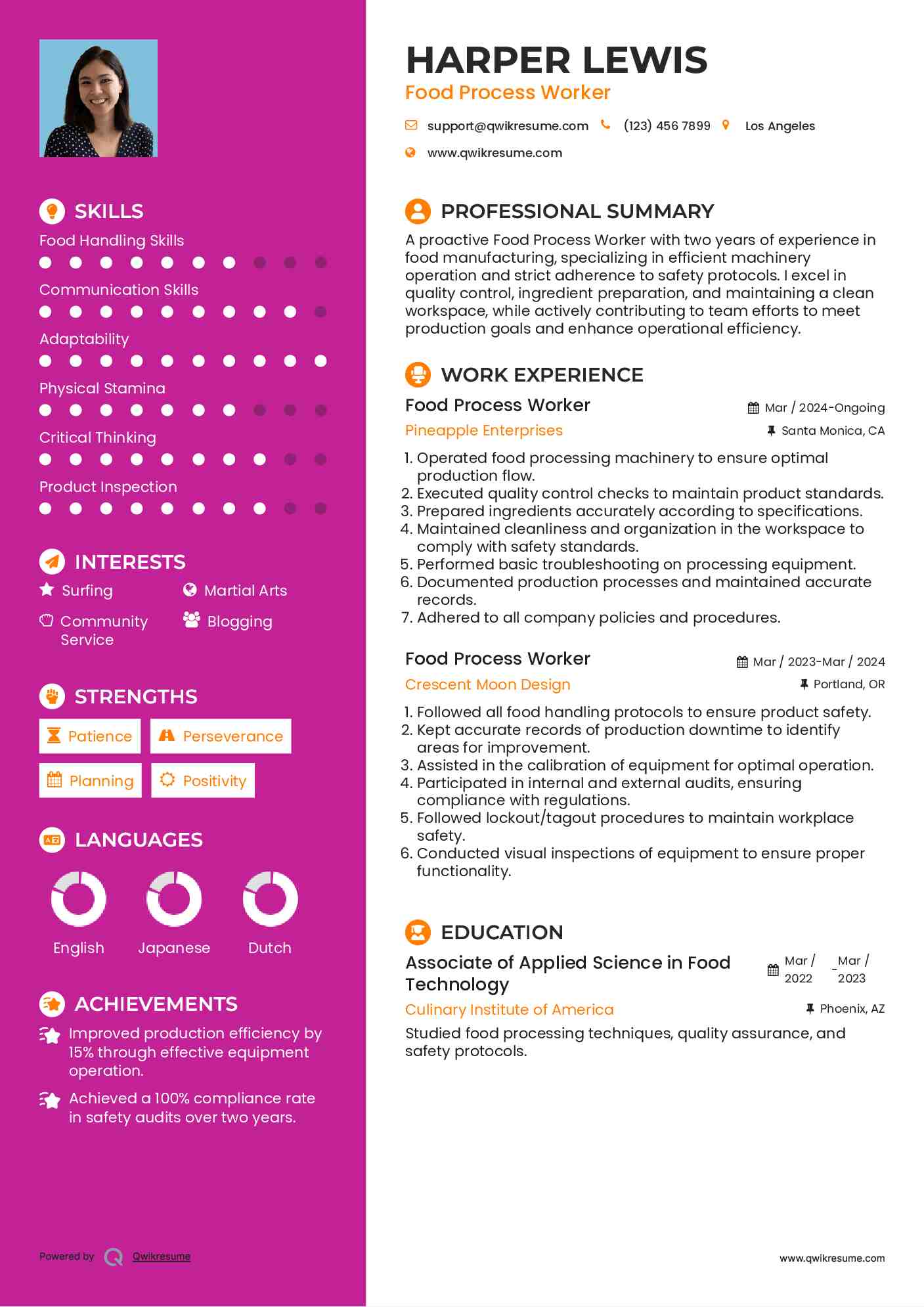 Food Process Worker Resume Format