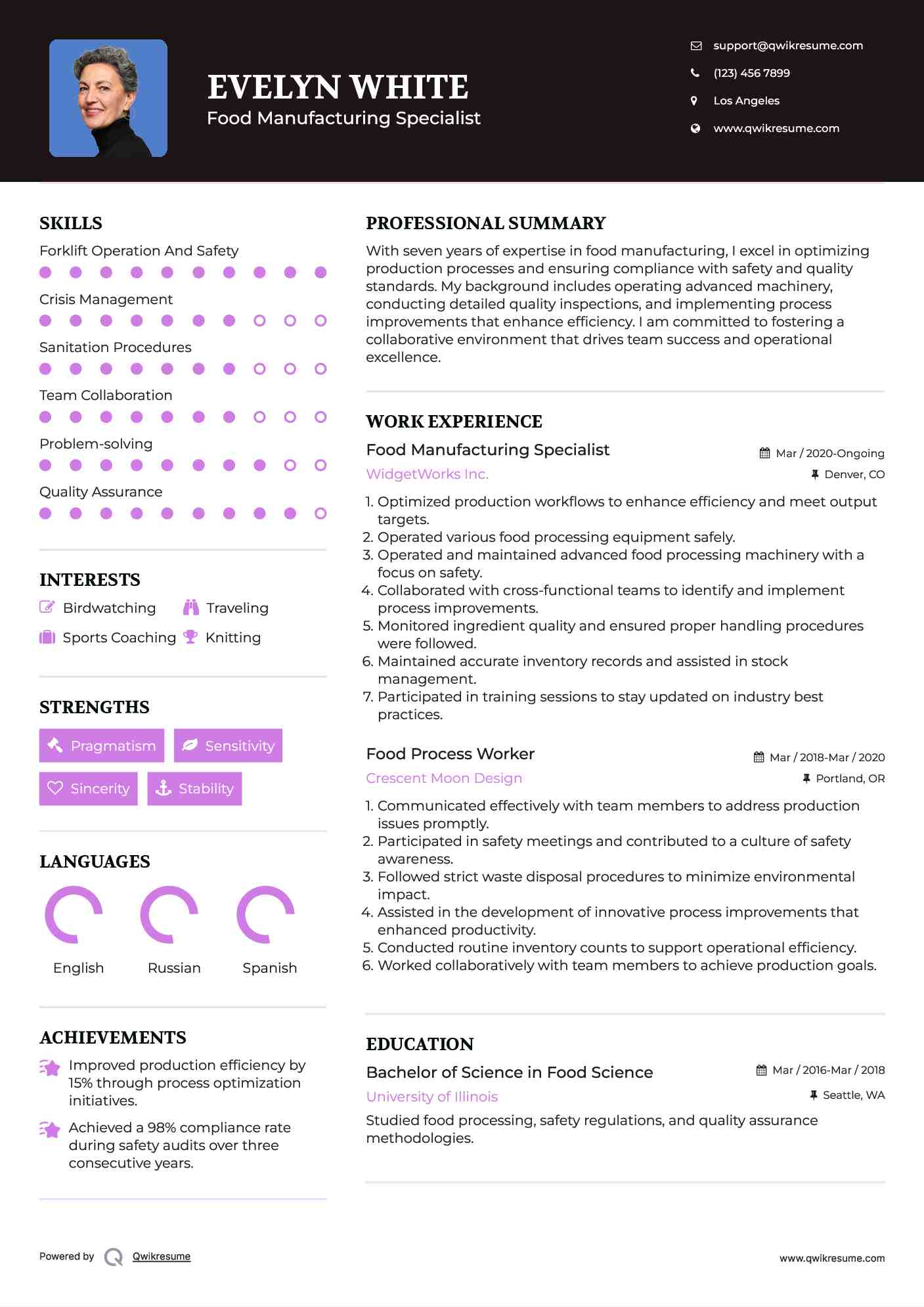 Food Manufacturing Specialist Resume Model