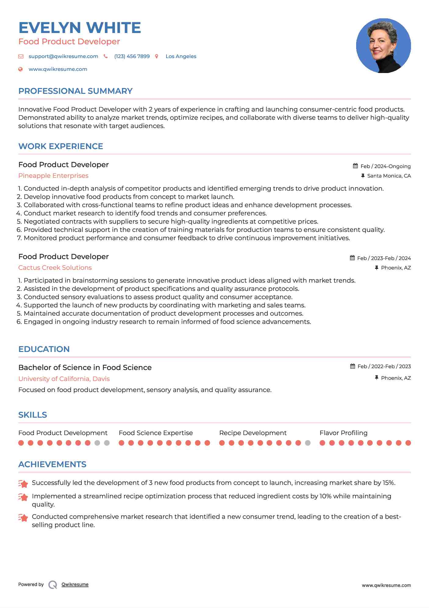 Food Product Developer Resume Template