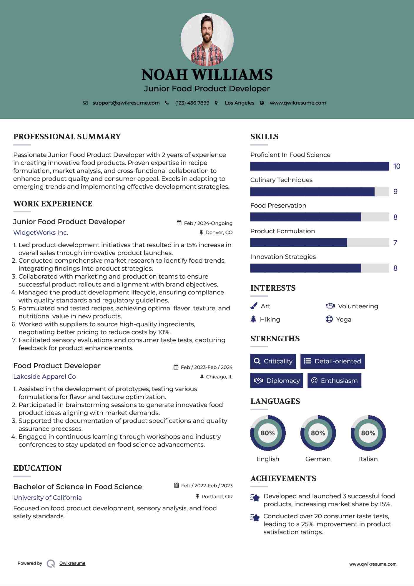 Junior Food Product Developer Resume Format