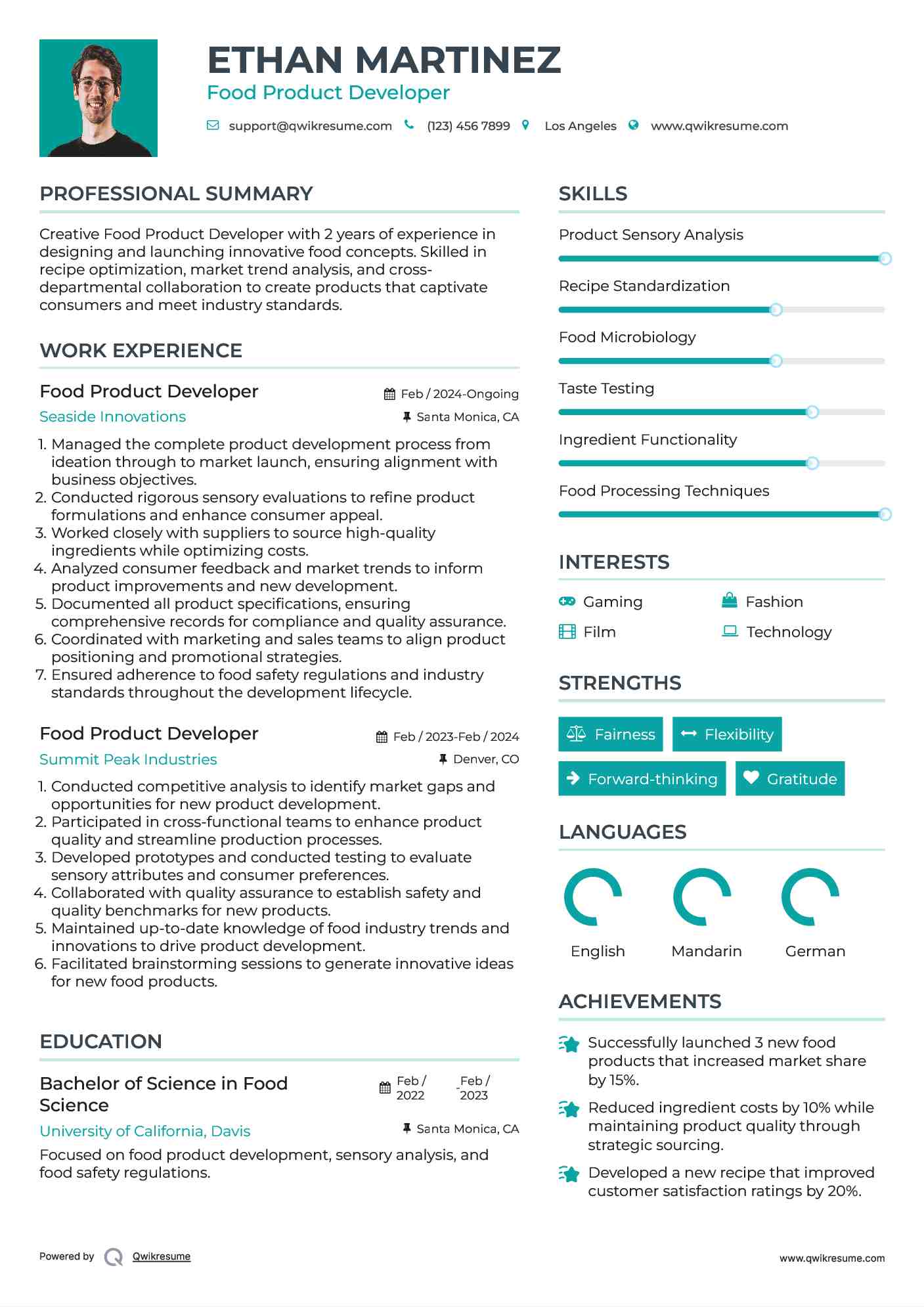 Food Product Developer Resume Format