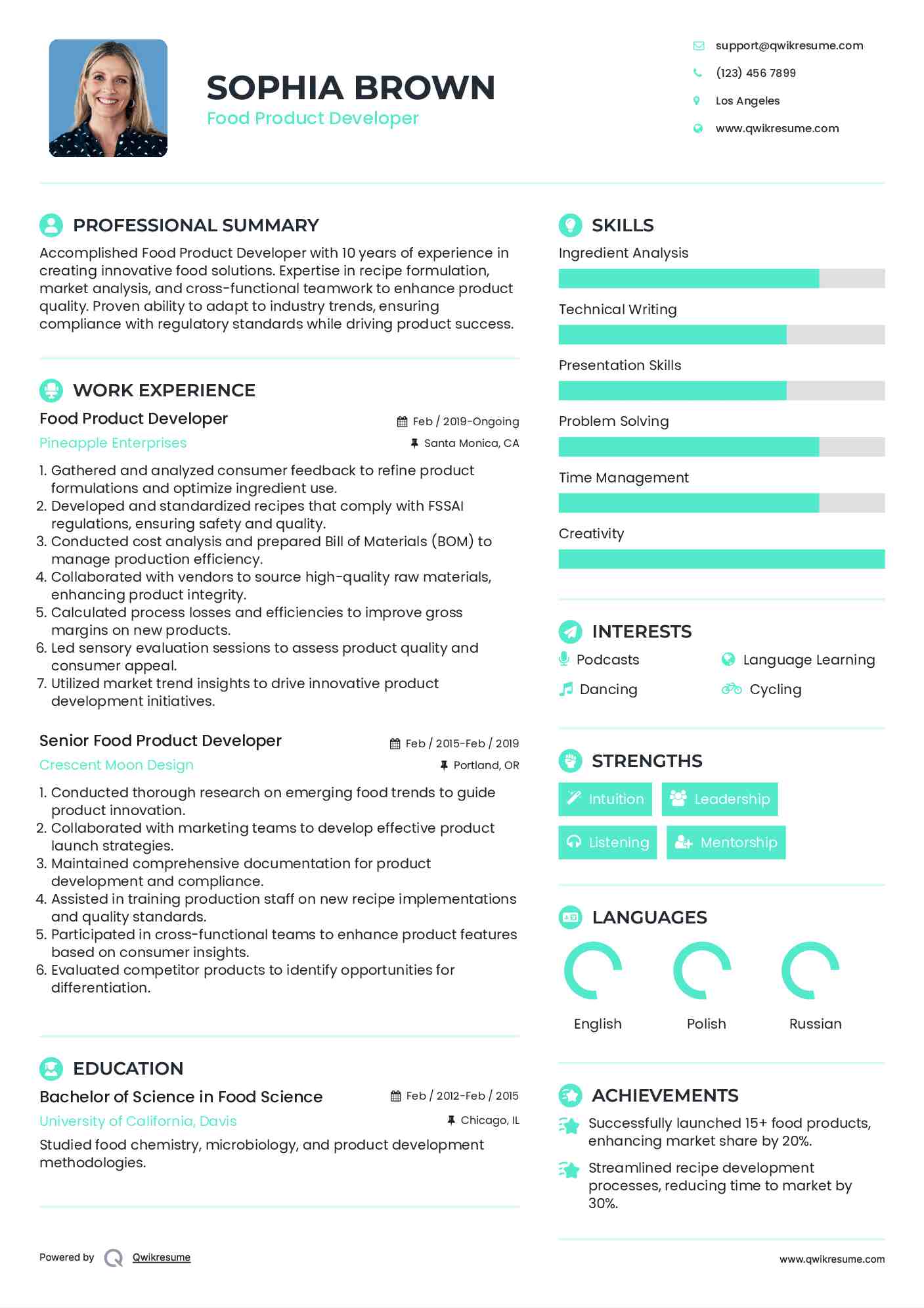 Food Product Developer Resume Model