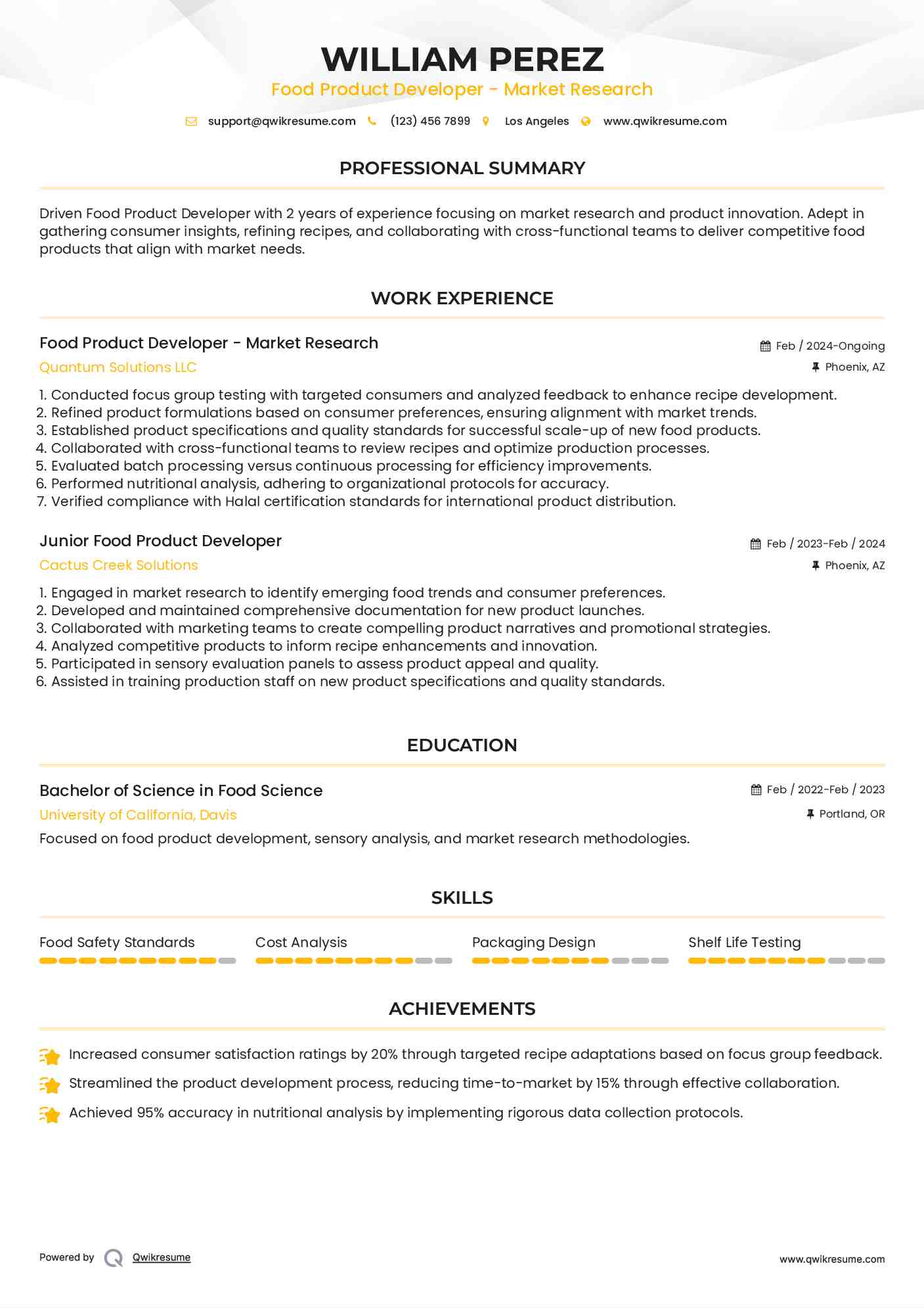 Food Product Developer - Market Research Resume Sample