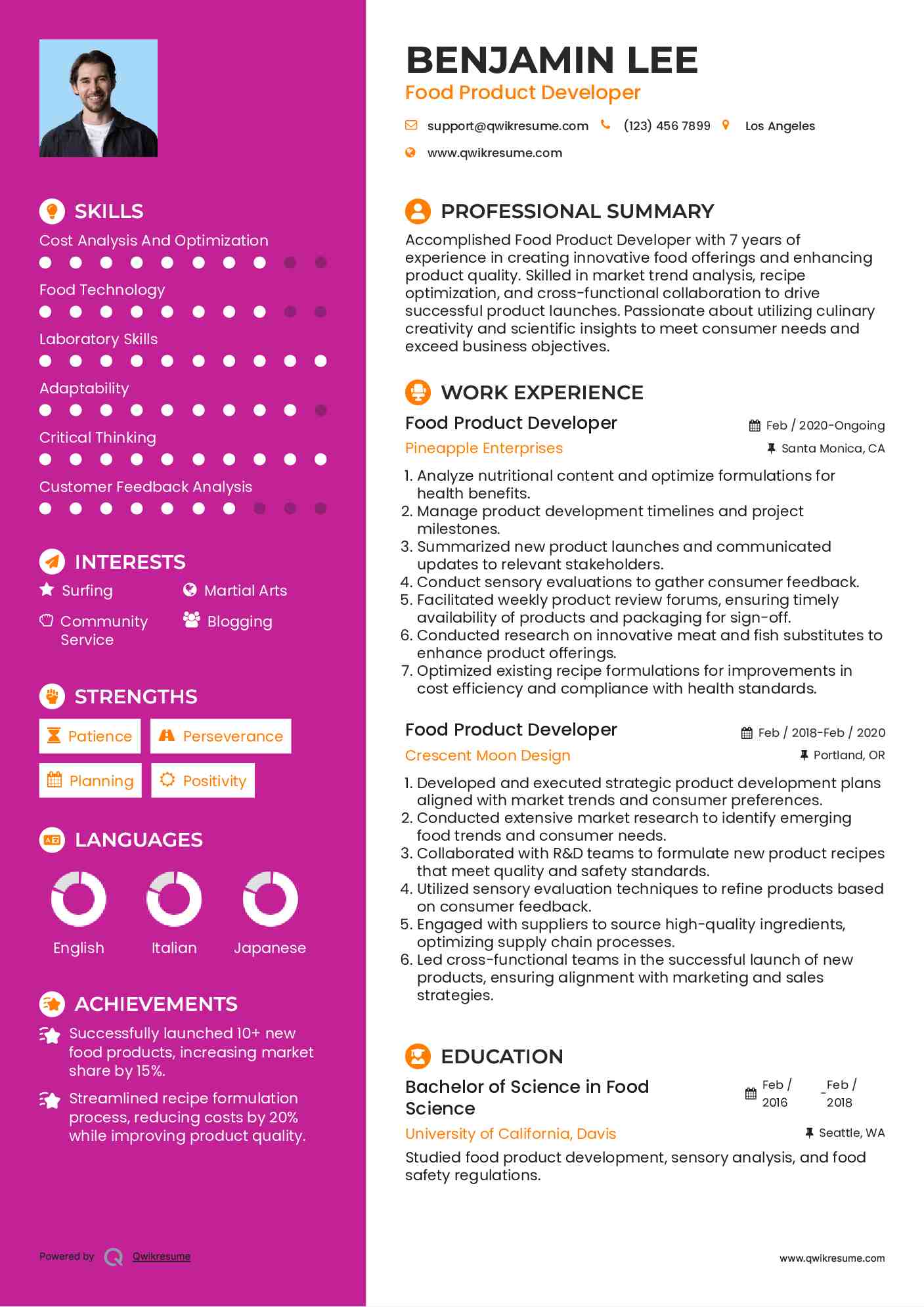 Food Product Developer Resume Template