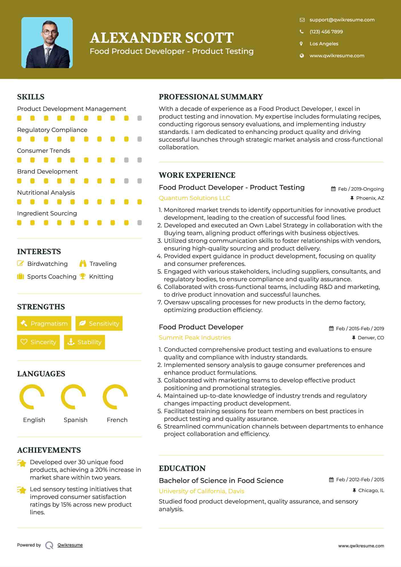 Food Product Developer - Product Testing Resume Template