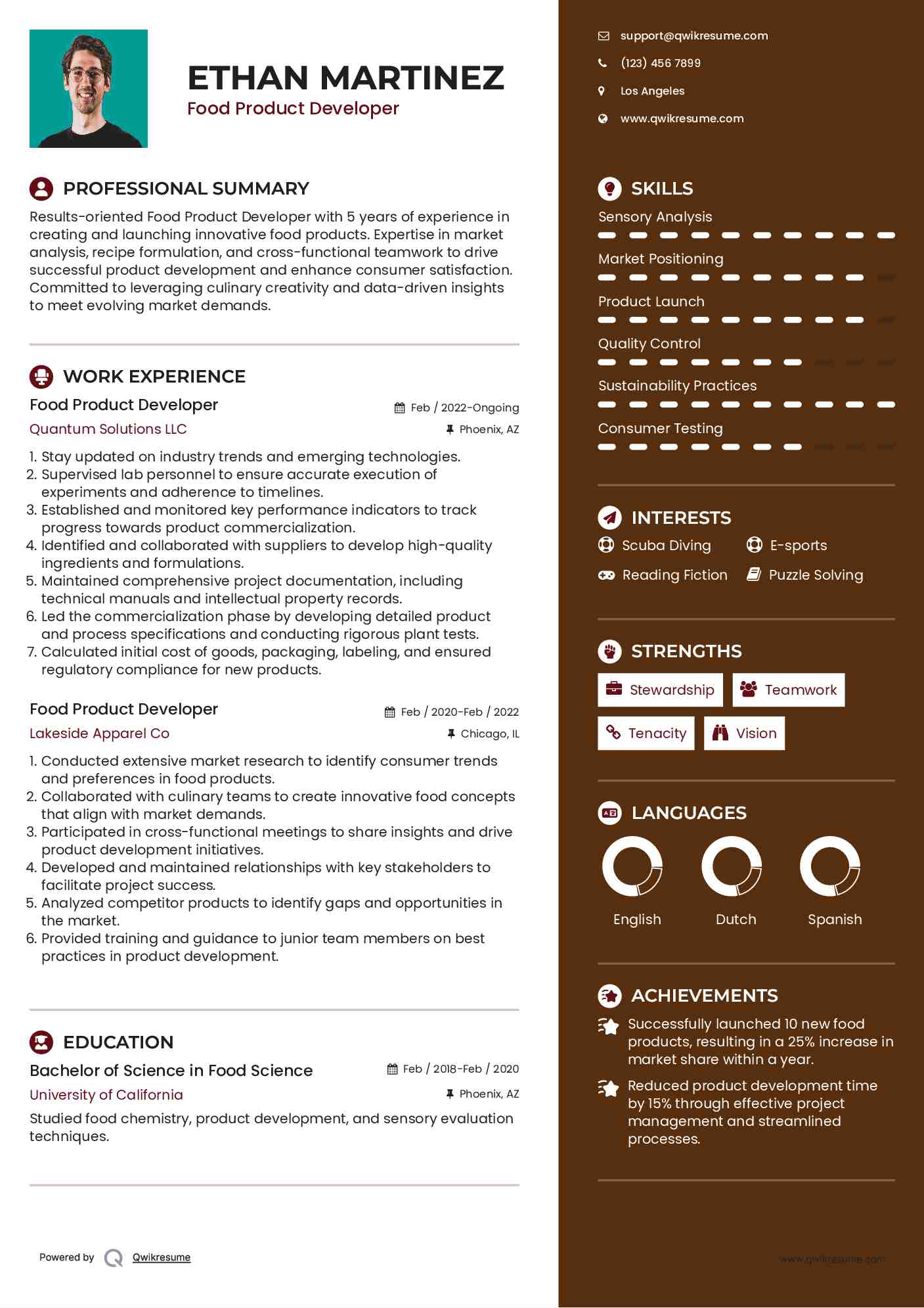 Food Product Developer Resume Model