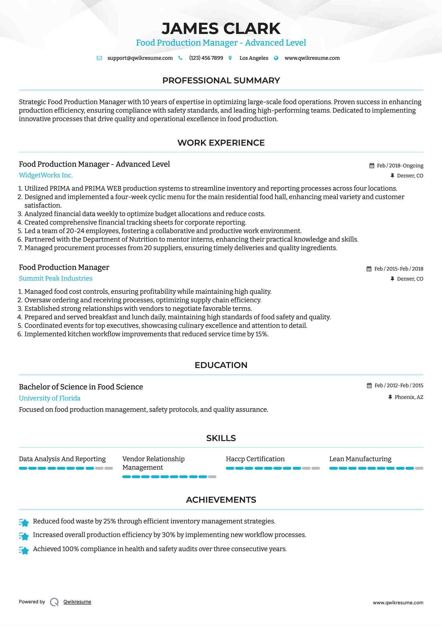 Food Production Manager - Advanced Level Resume Sample