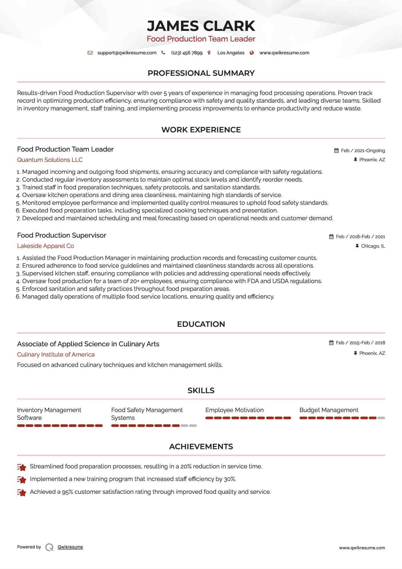 Food Production Team Leader Resume Example
