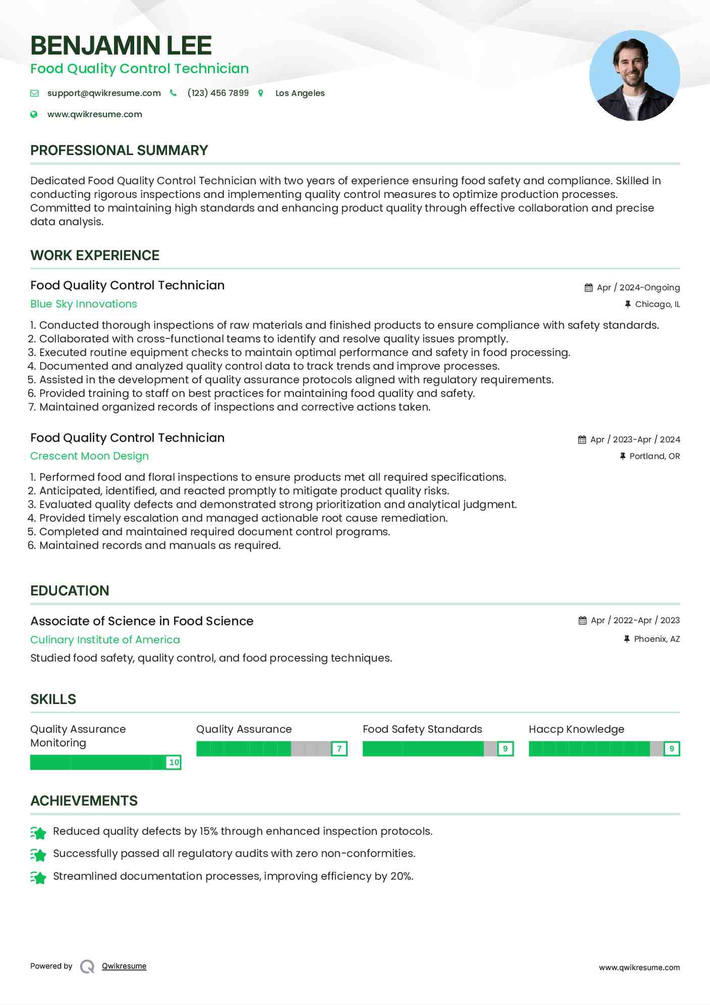 Food Quality Control Technician Resume Model
