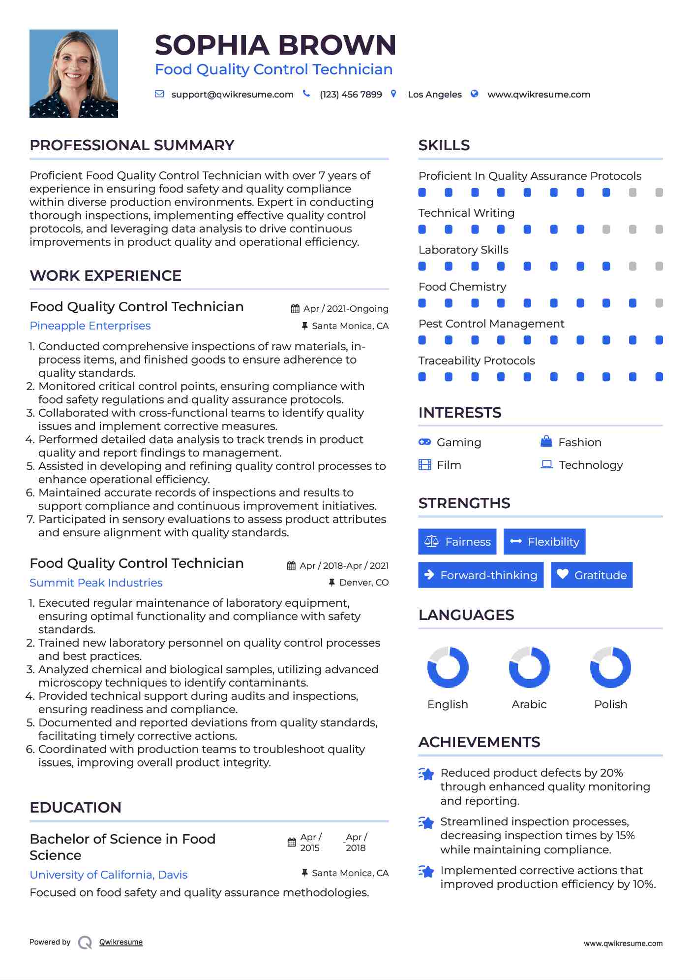 Food Quality Control Technician Resume Model