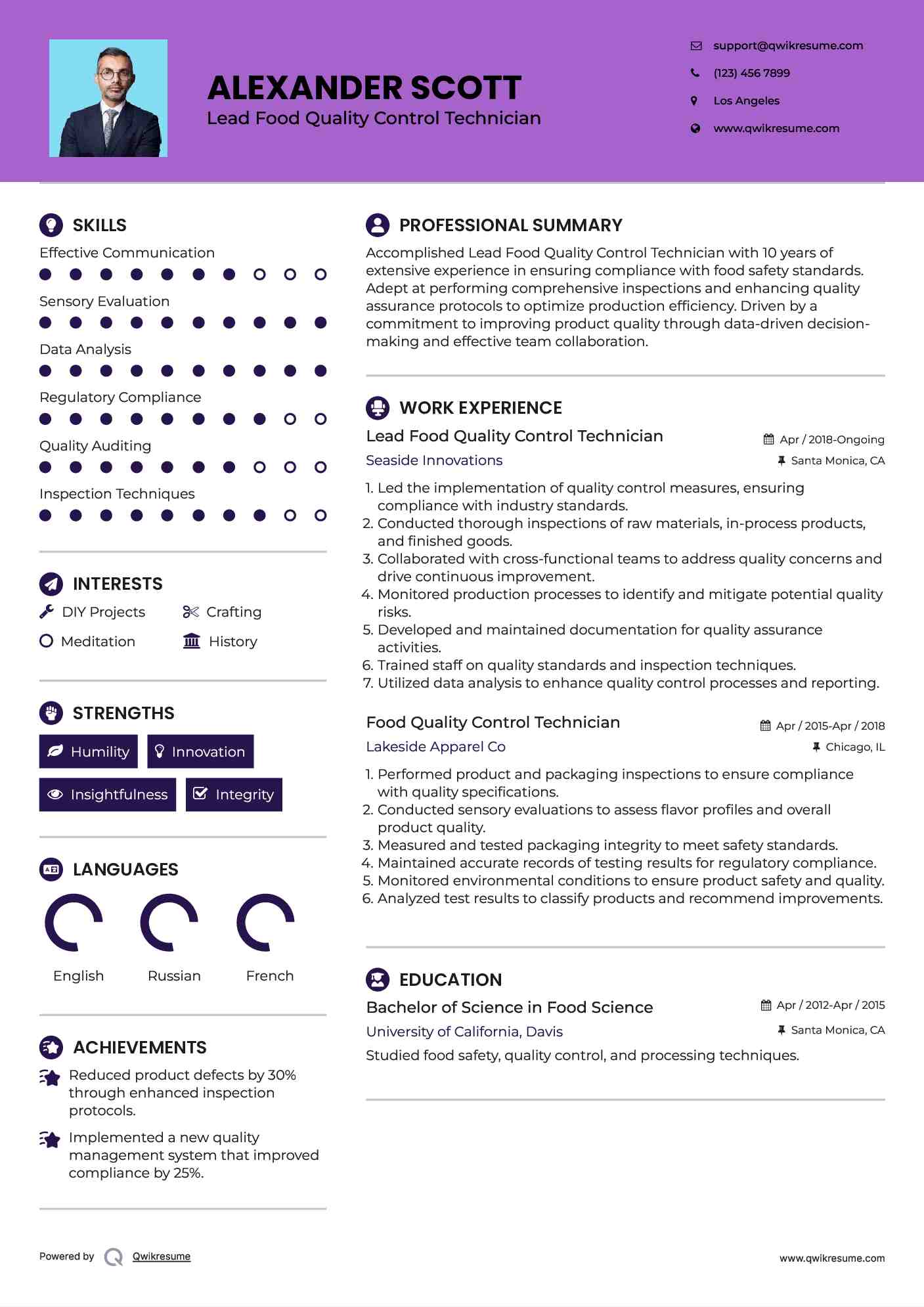Lead Food Quality Control Technician Resume Model