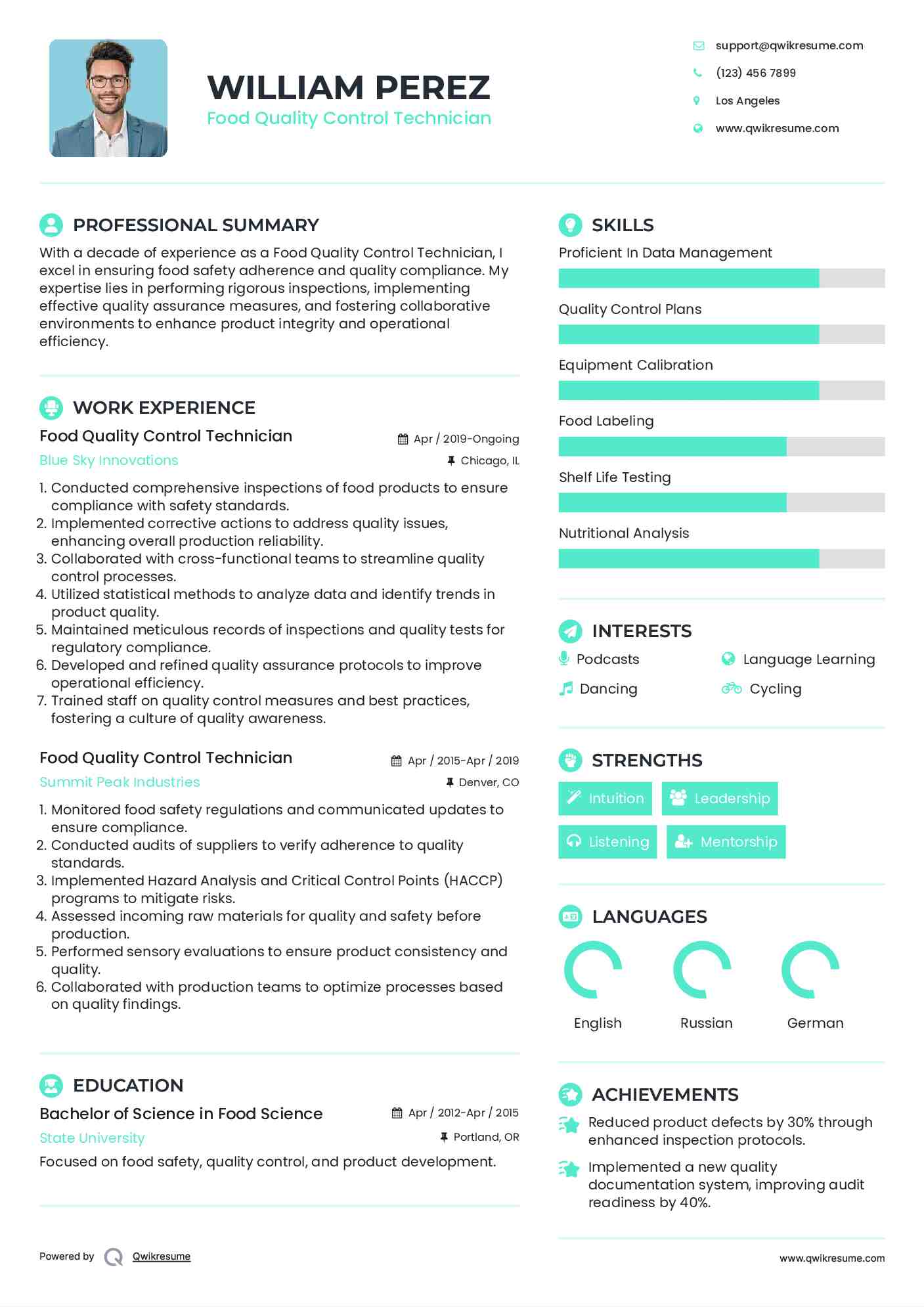 Food Quality Control Technician Resume Example