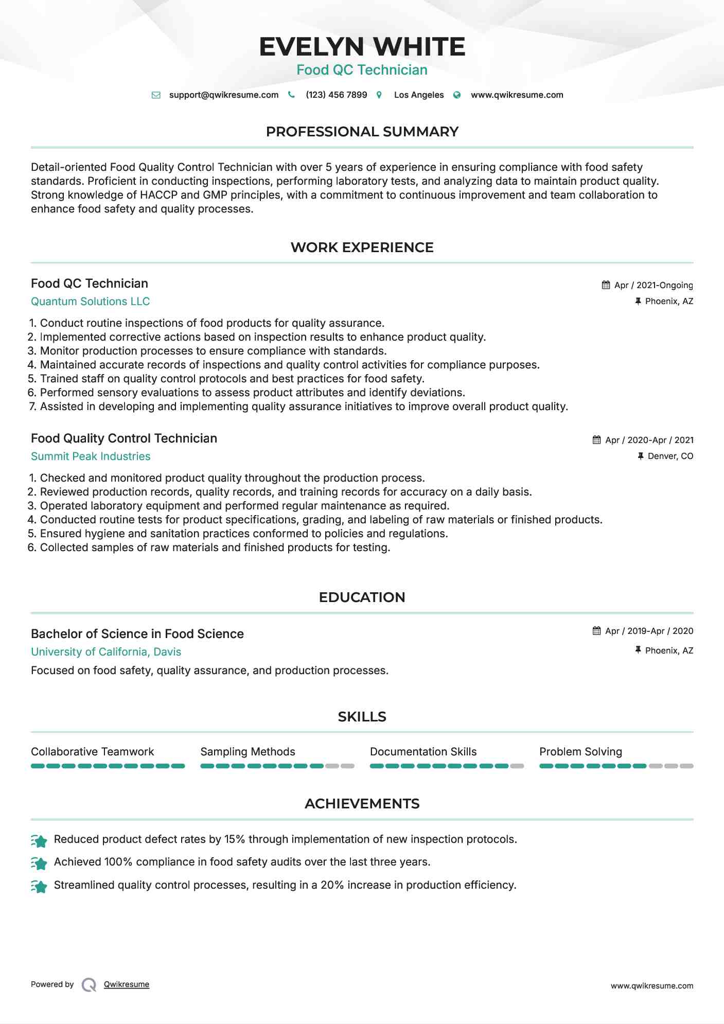 Food QC Technician Resume Format