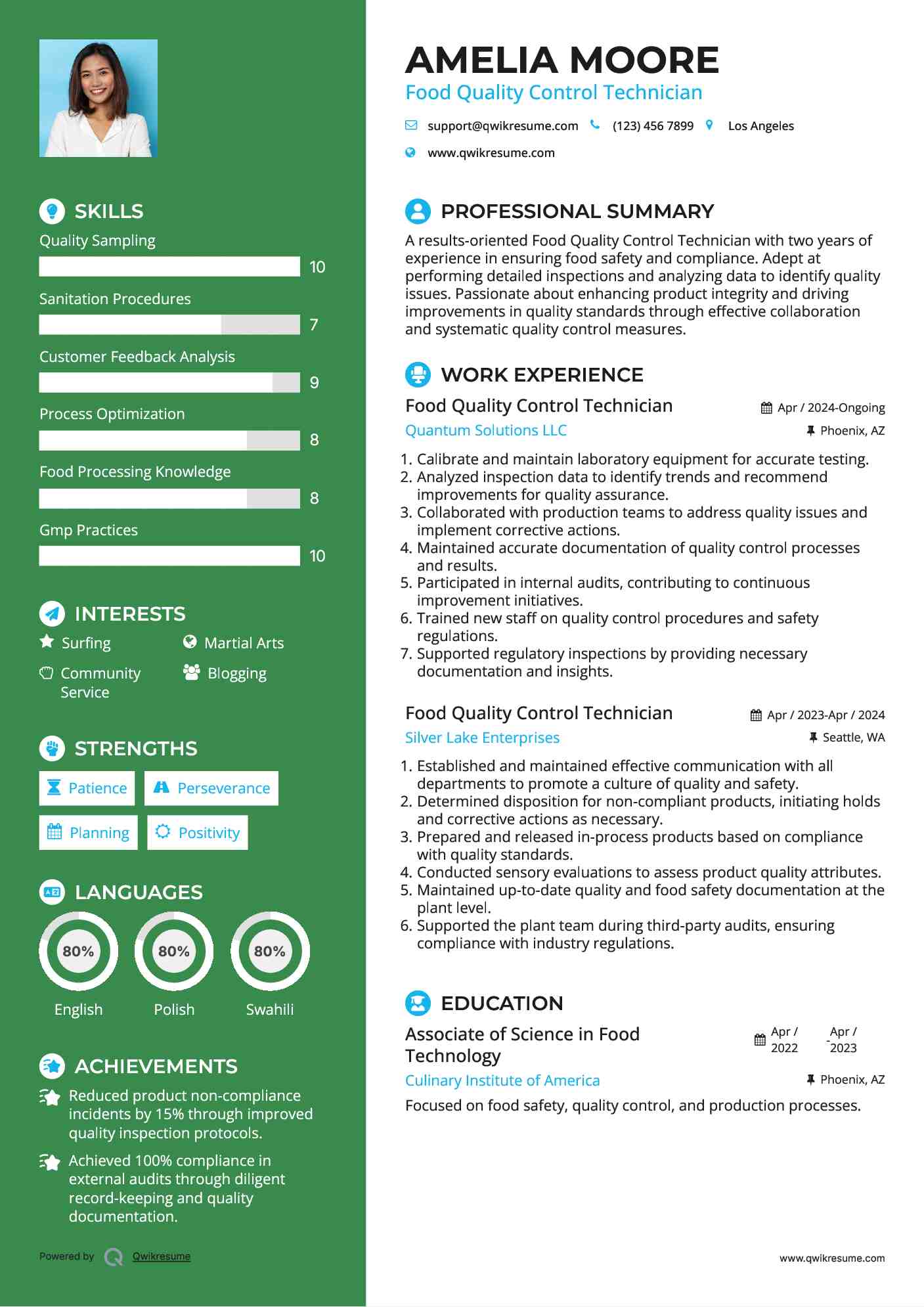Food Quality Control Technician Resume Example