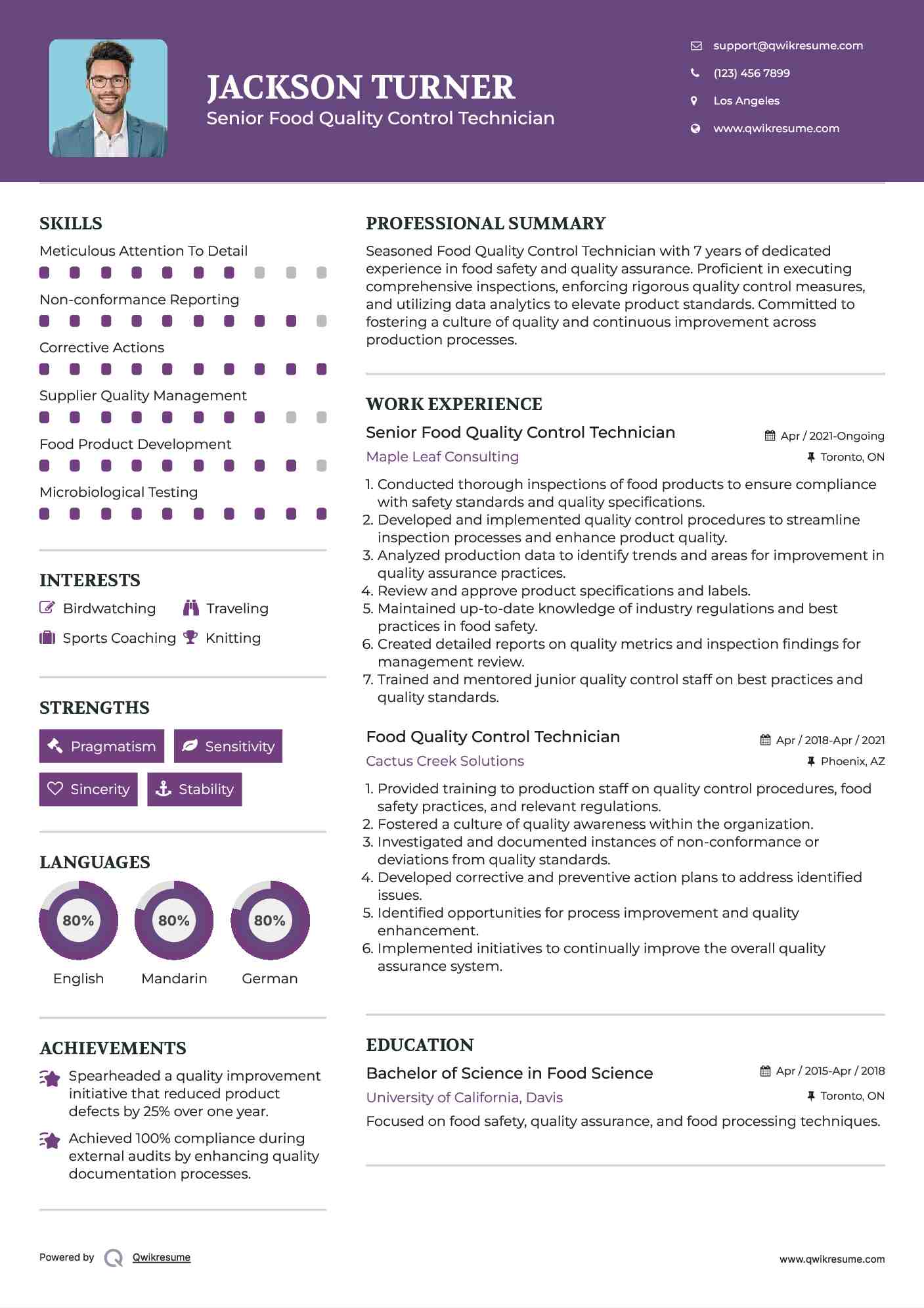 Senior Food Quality Control Technician Resume Template