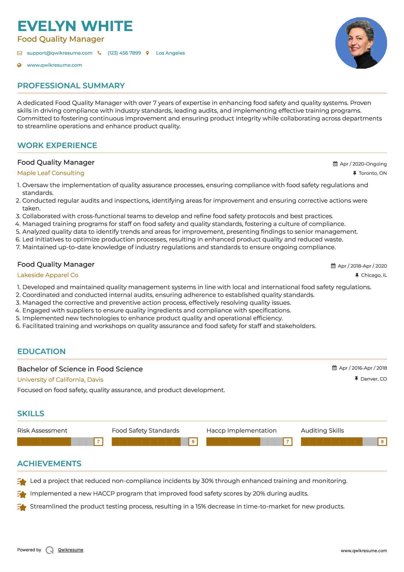 Food Quality Manager Resume Format