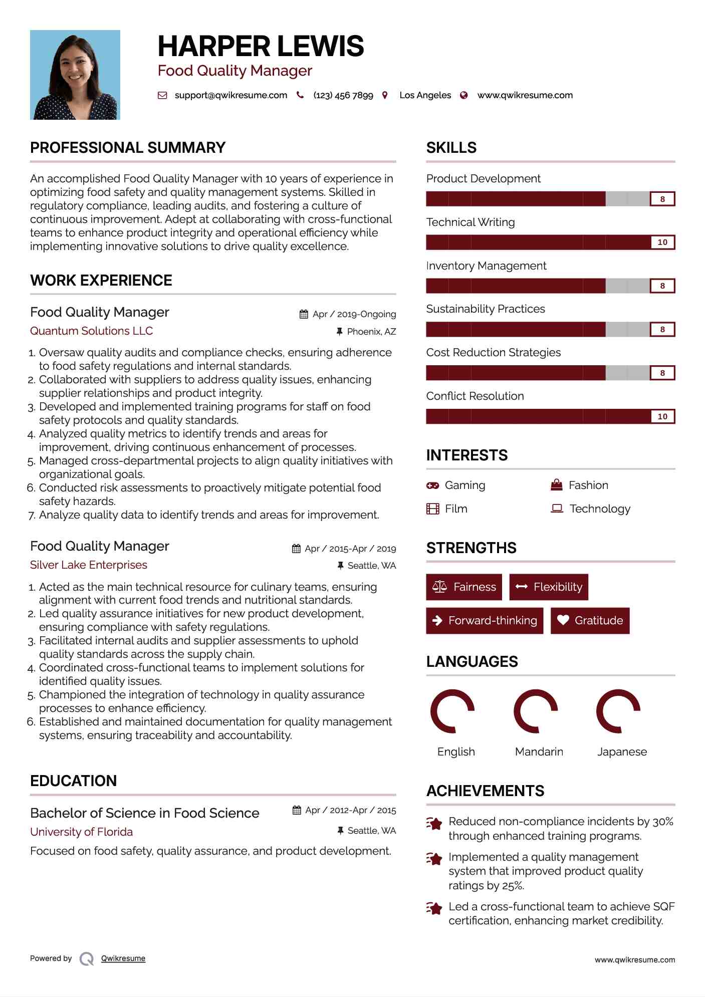 Food Quality Manager Resume Template