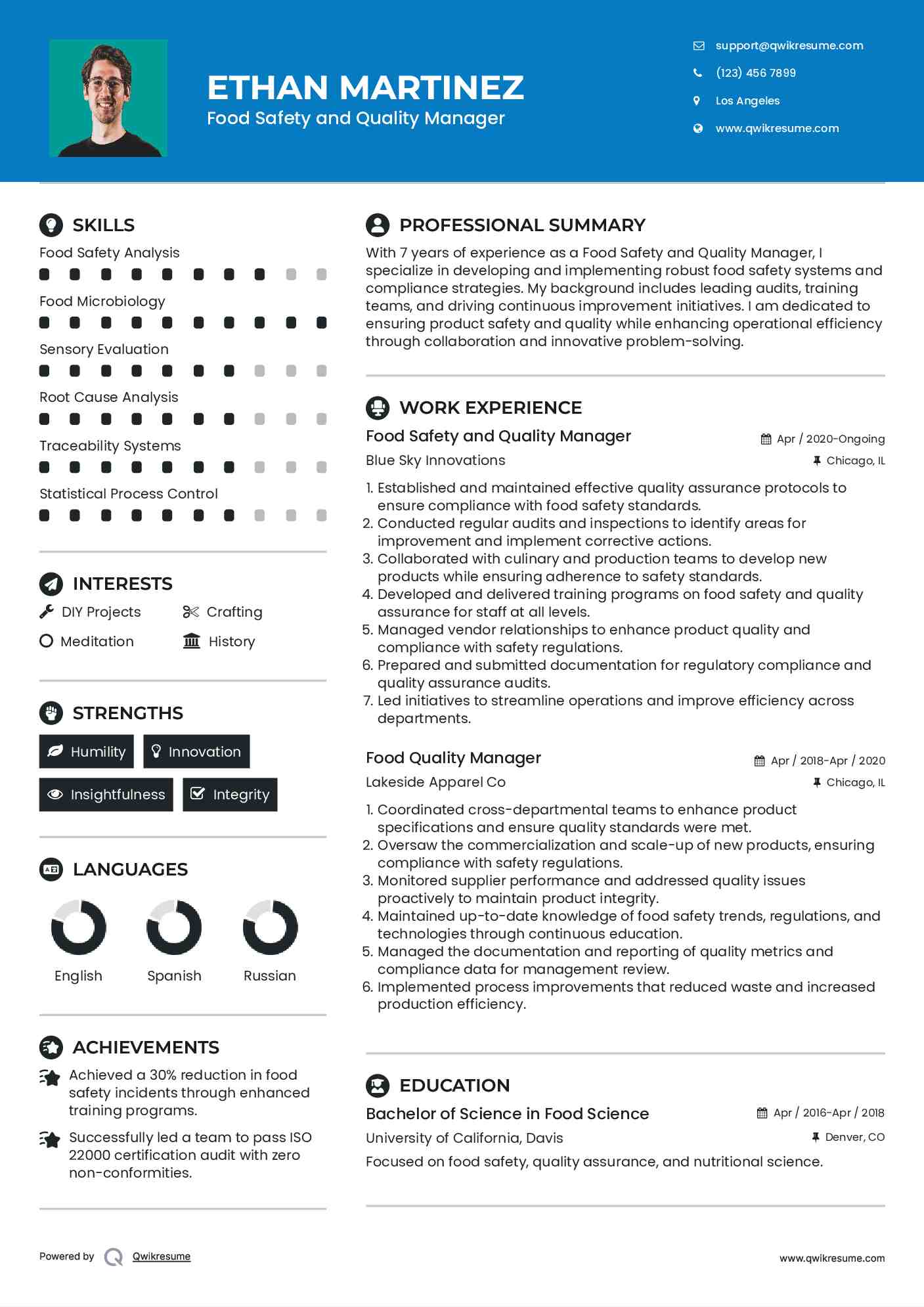 Food Safety and Quality Manager
 Resume Example