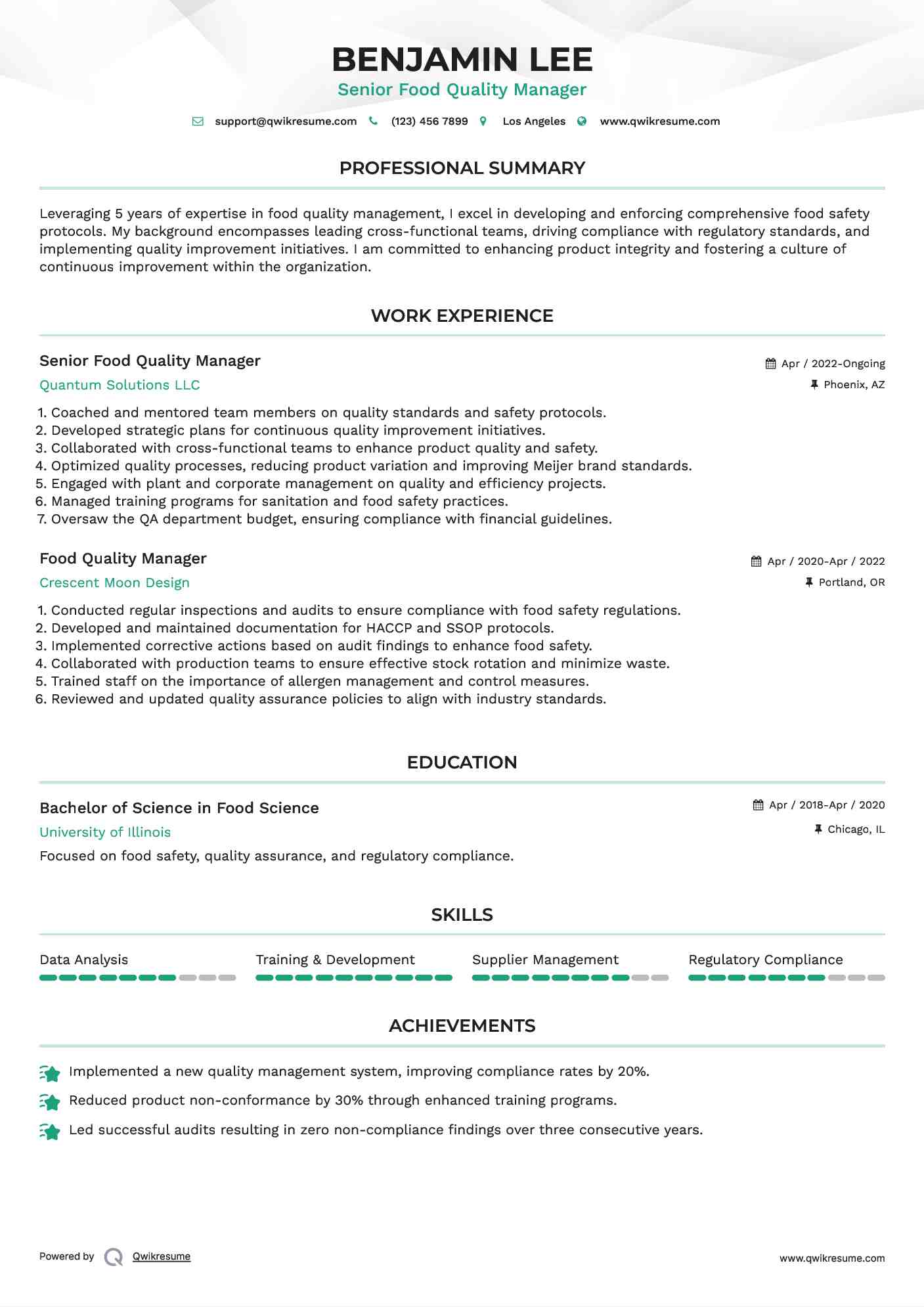 Senior Food Quality Manager Resume Sample