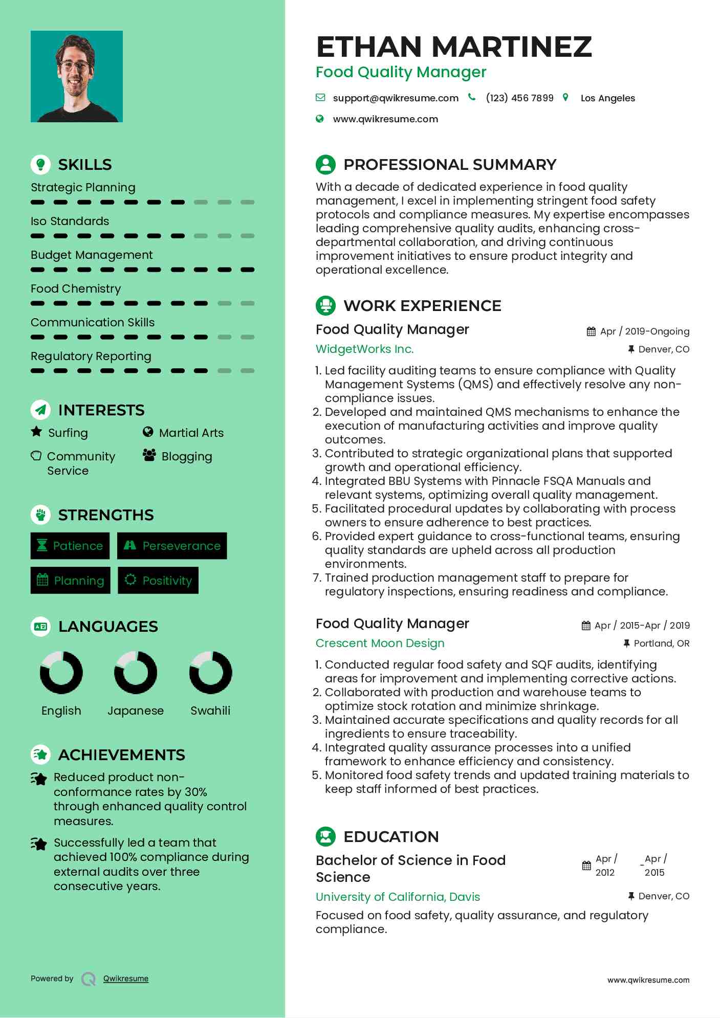 Food Quality Manager Resume Example