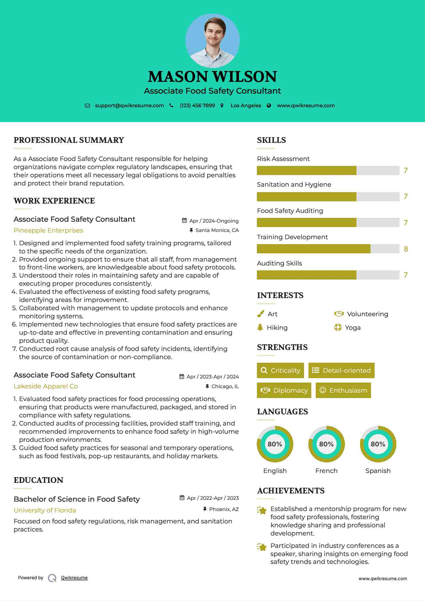 Associate Food Safety Consultant  Resume Format