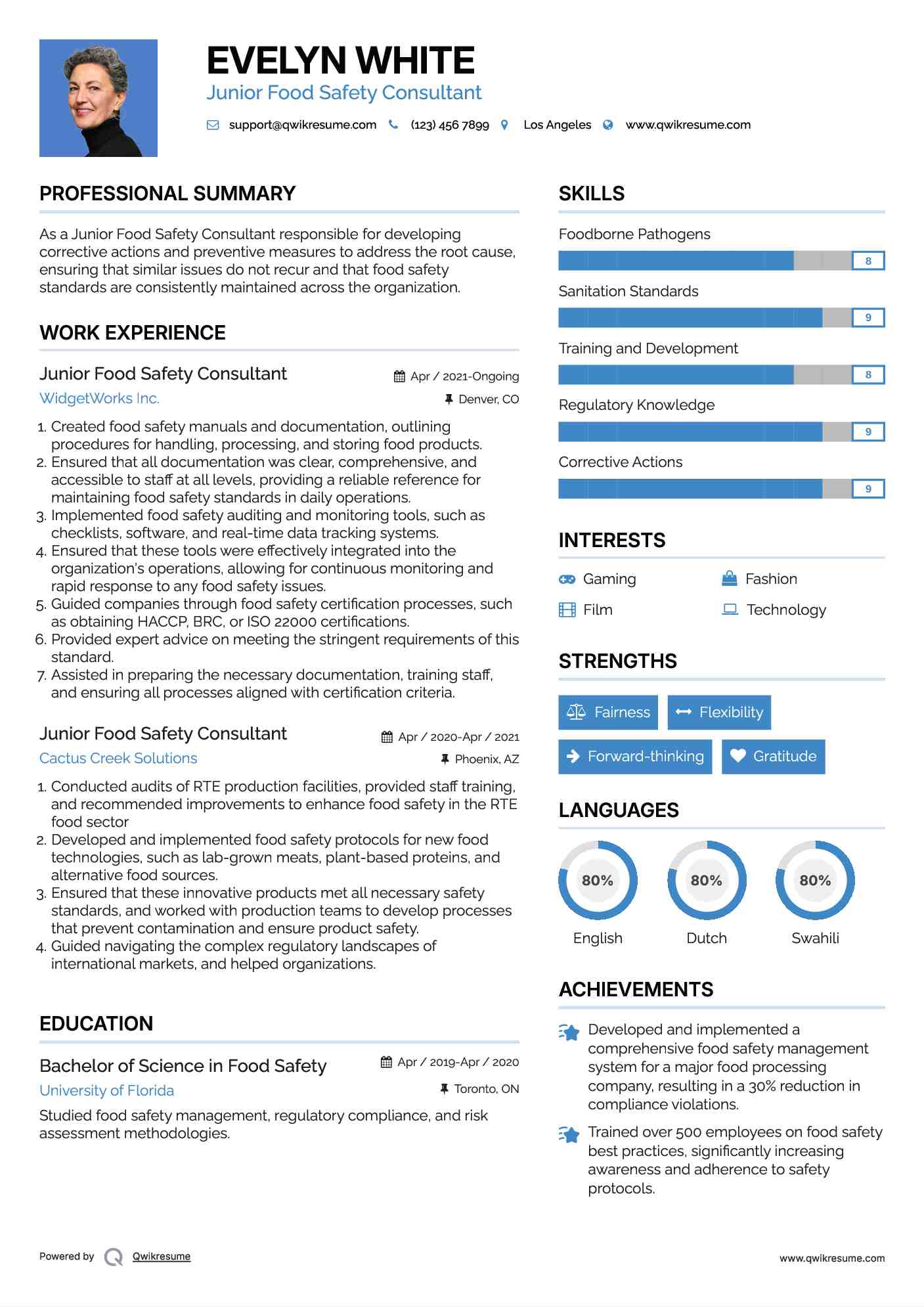 Junior Food Safety Consultant  Resume Sample