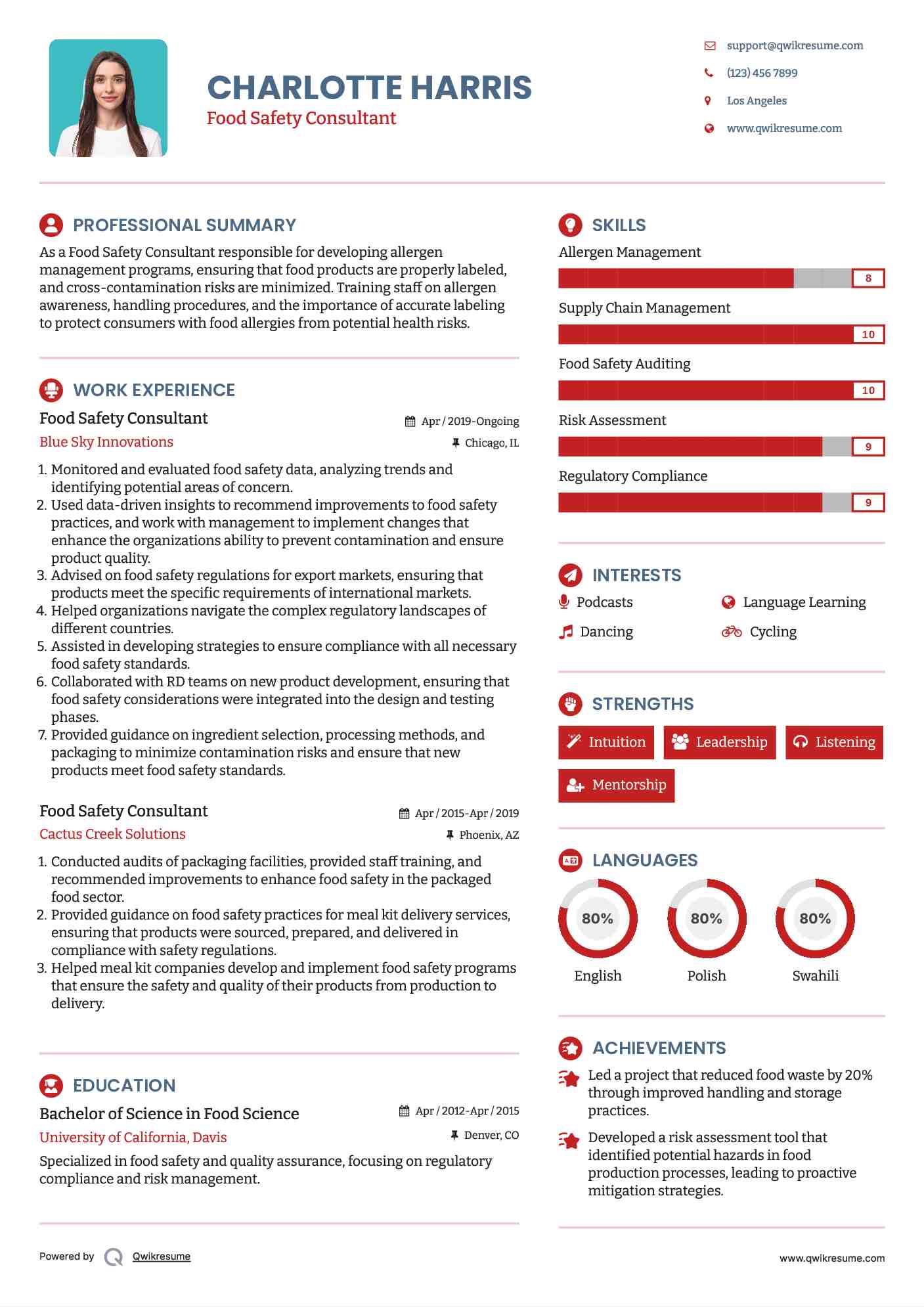 Food Safety Consultant Resume Template