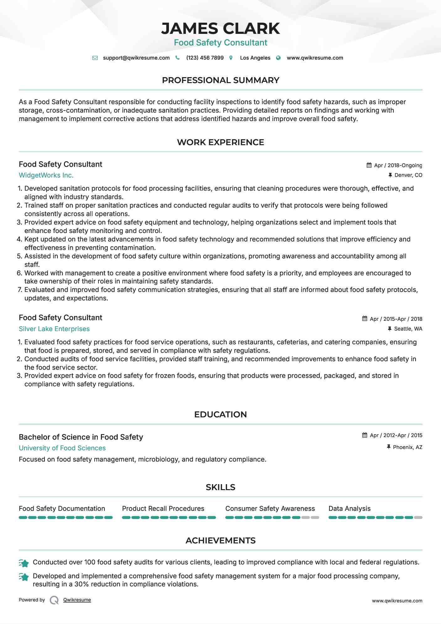 Food Safety Consultant Resume Example