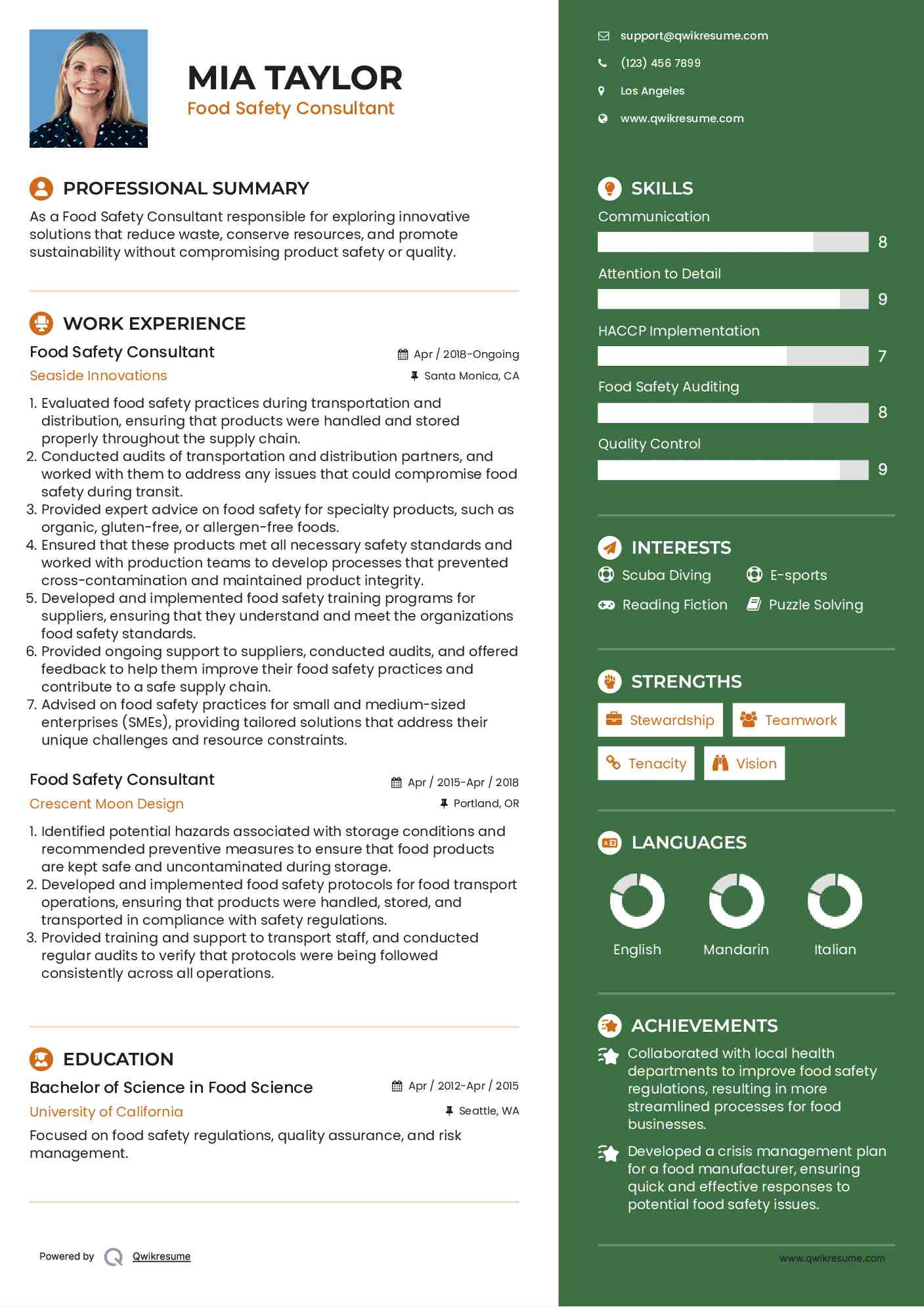 Food Safety Consultant Resume Format