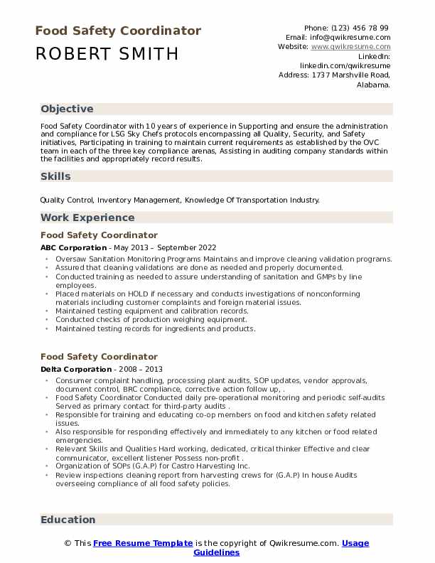 Food Safety Coordinator Resume Samples QwikResume