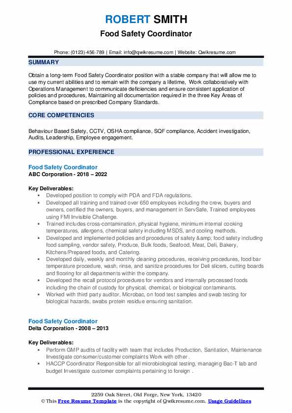Food Safety Coordinator Resume Samples QwikResume