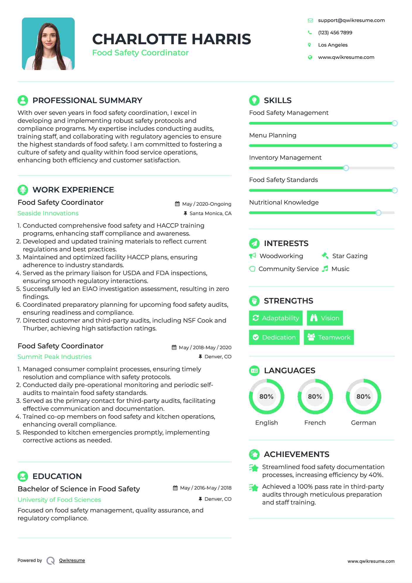 Food Safety Coordinator Resume Template